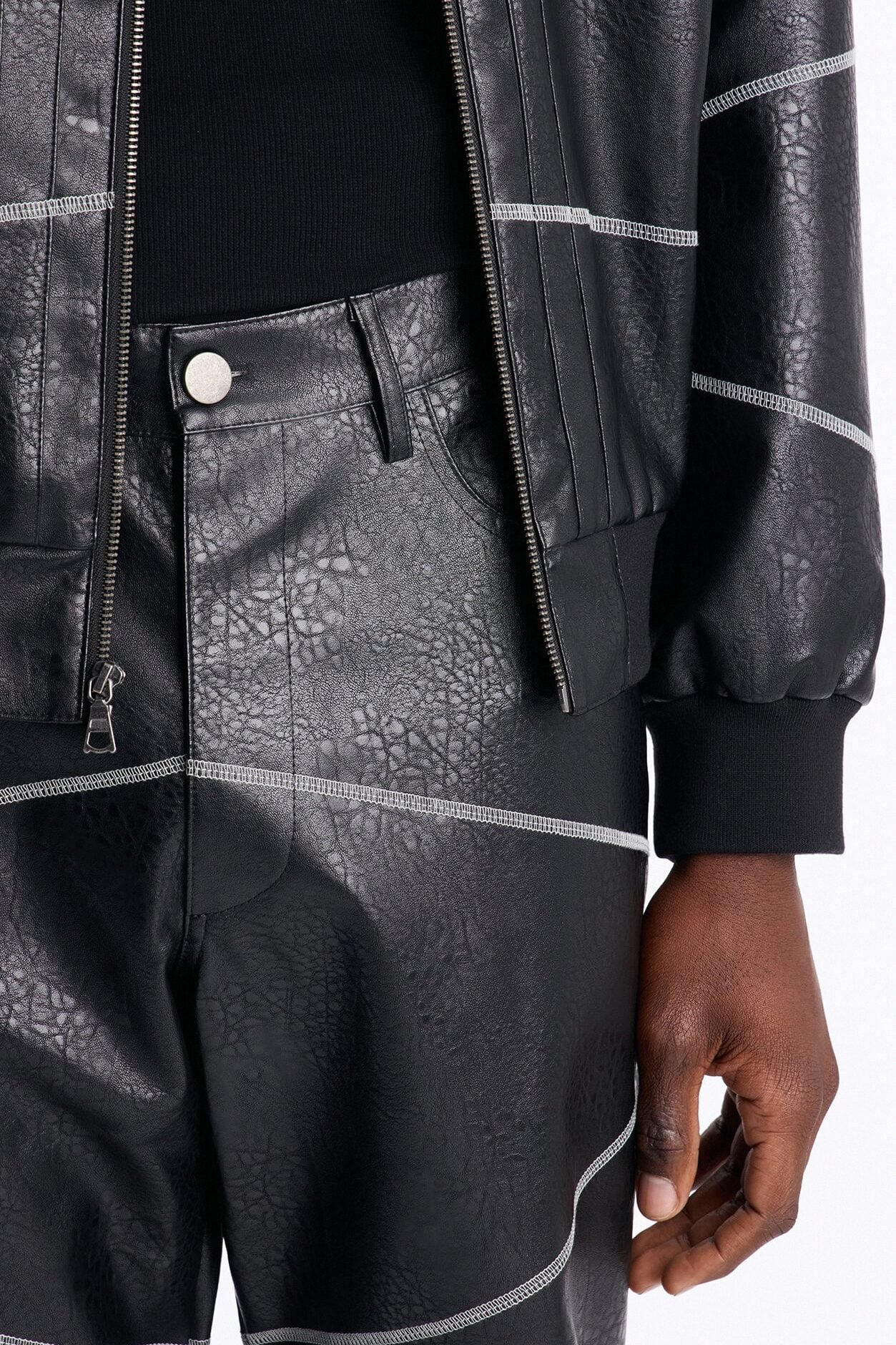 Straight Vintage Chain Stitch Faux Leather Pant - Black image 3