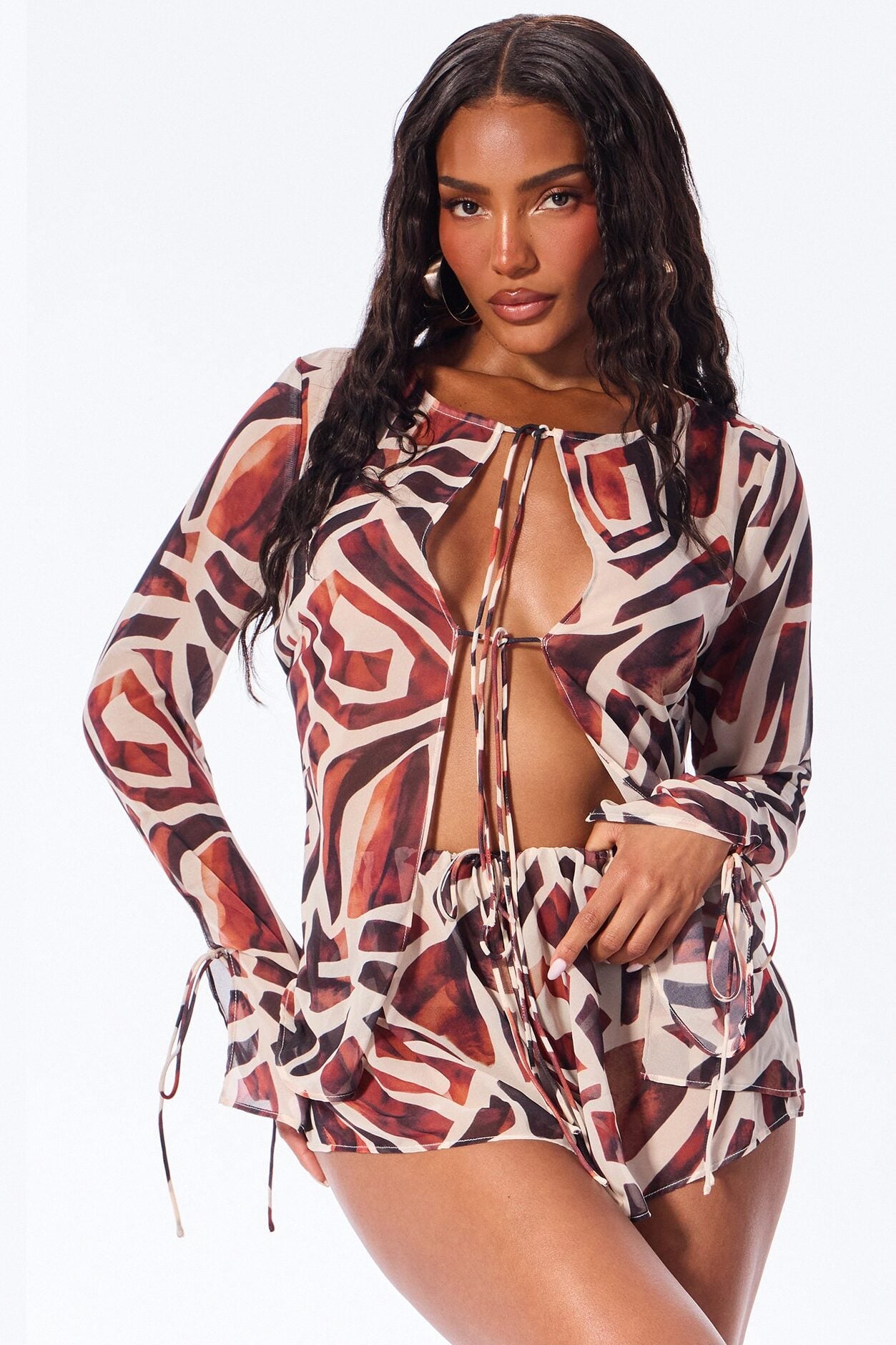 Golden Chiffon Abstract Short Set - Brown/combo image 2