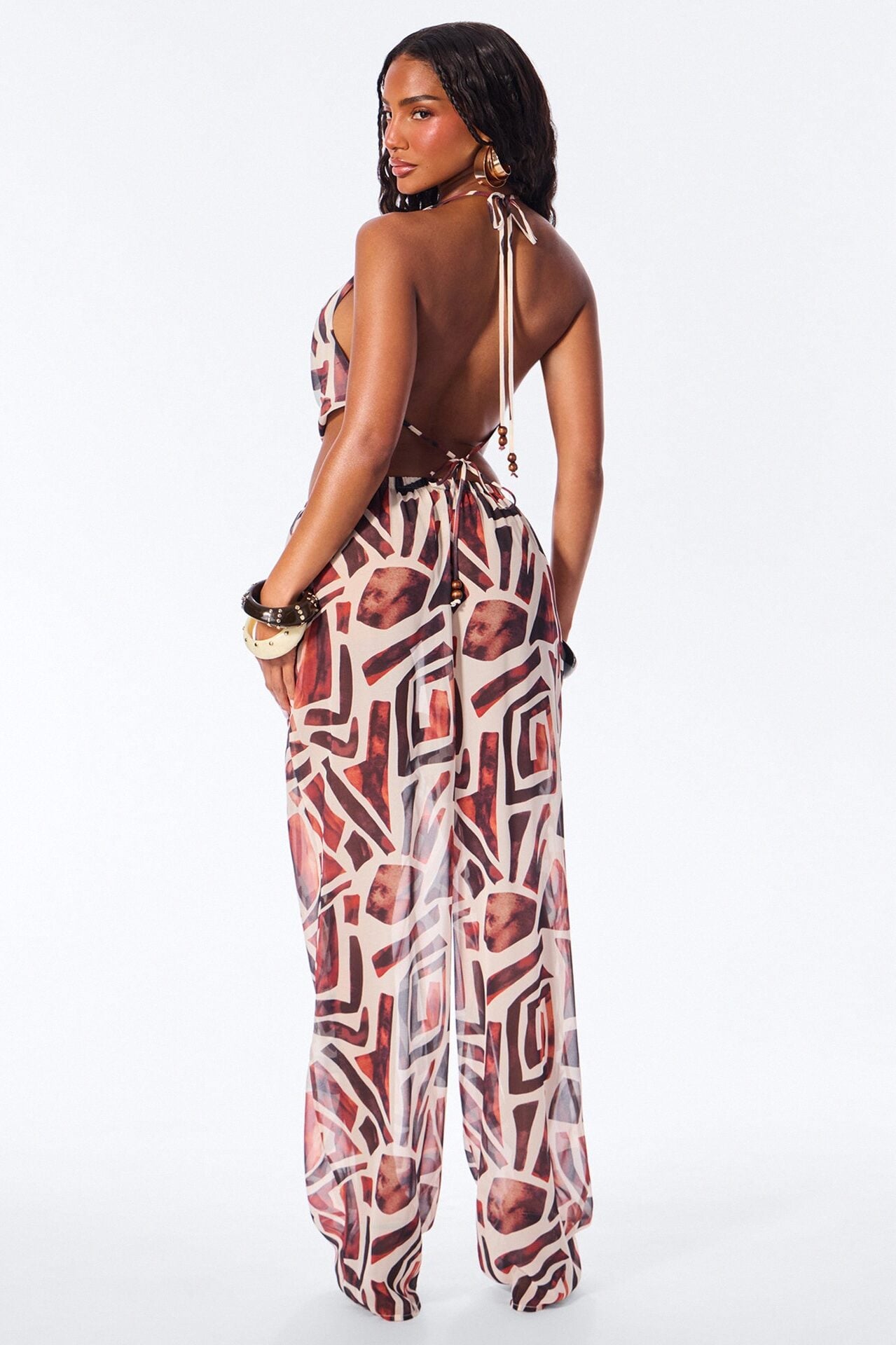 Golden Chiffon Abstract Pant Set - Brown Combo image 4