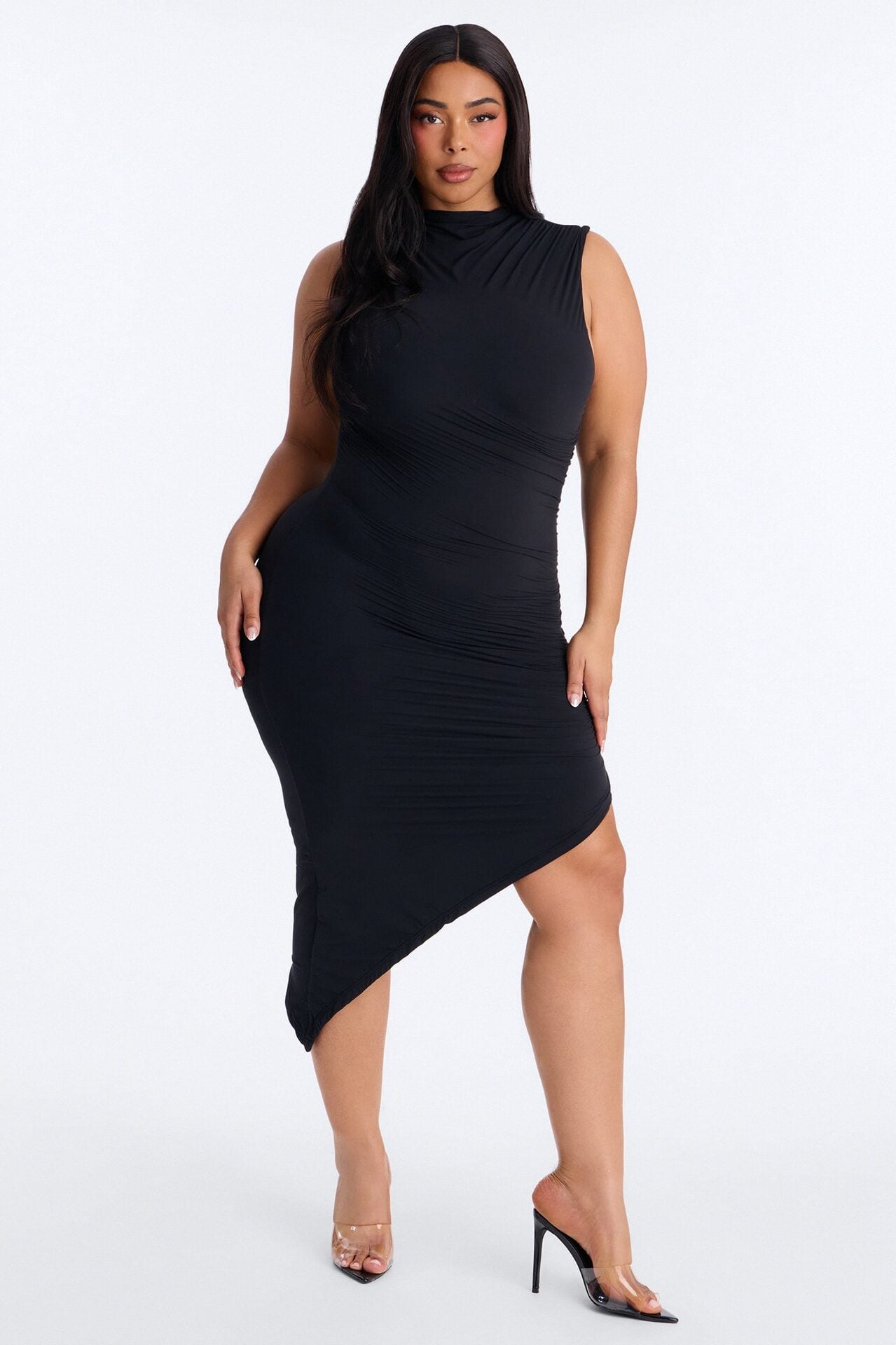 Second Skin Double Lined Ruched Slit Midi Dress - Black image 1
