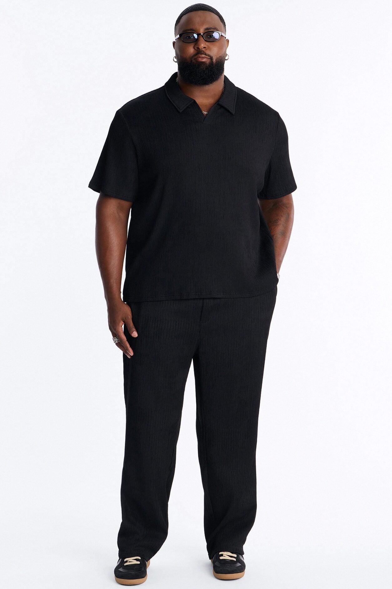Pure Form Plisse Johnny Collar Polo - Black image 1
