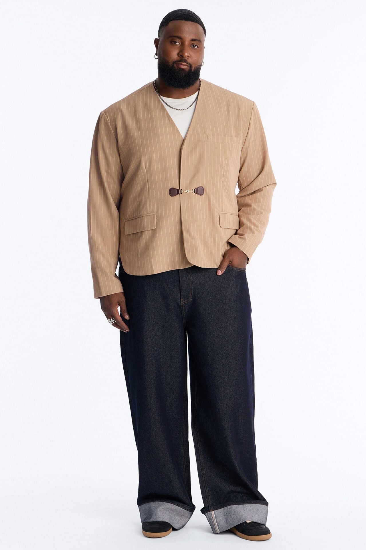 Boxy Cropped Pin Striped Cut Out Blazer - Tan image 6