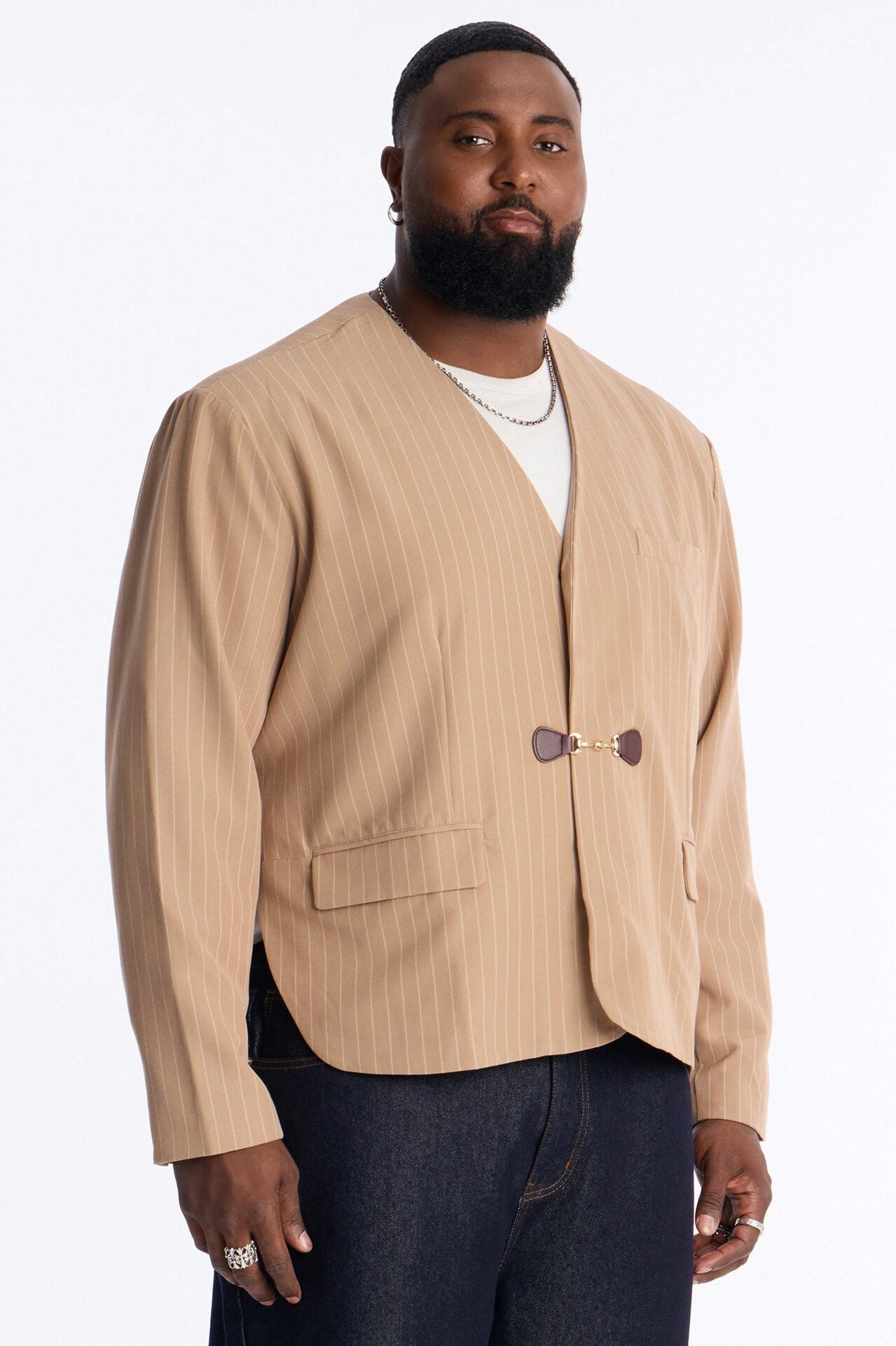 Boxy Cropped Pin Striped Cut Out Blazer - Tan image 5
