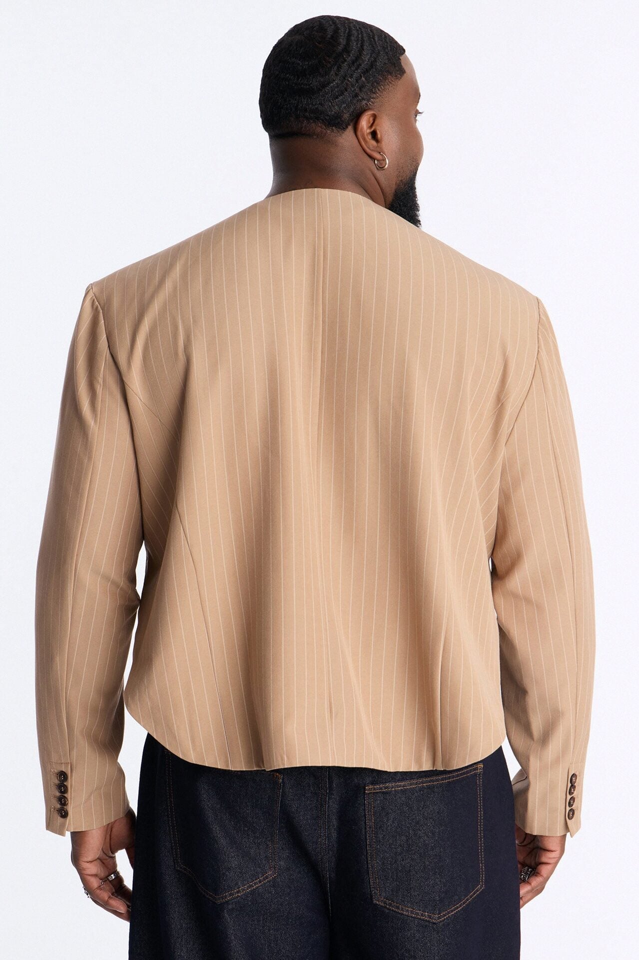Boxy Cropped Pin Striped Cut Out Blazer - Tan image 9