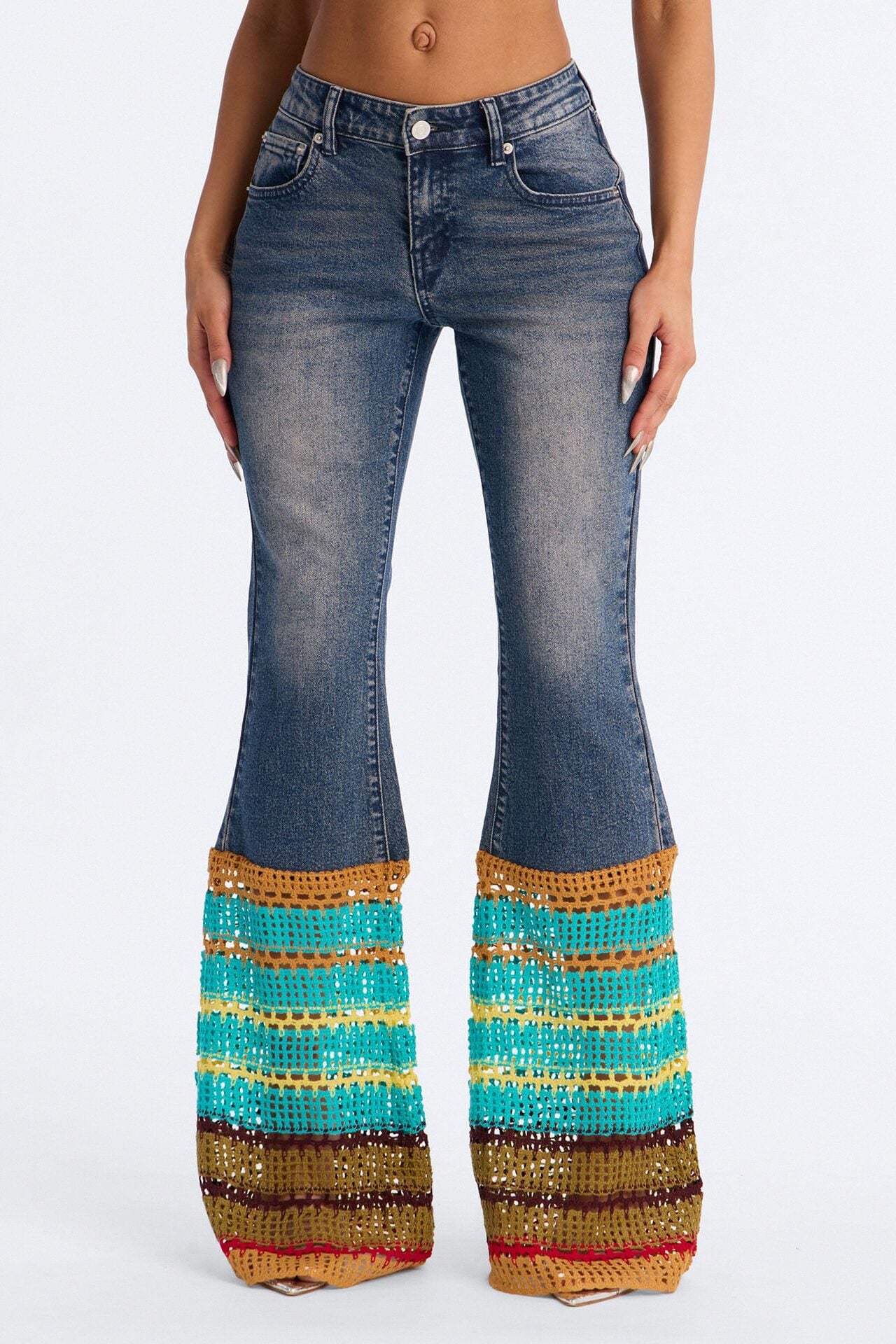 Sunspell Crotchet Trim Stretch Flare Leg Jeans - Vintage Wash image 2