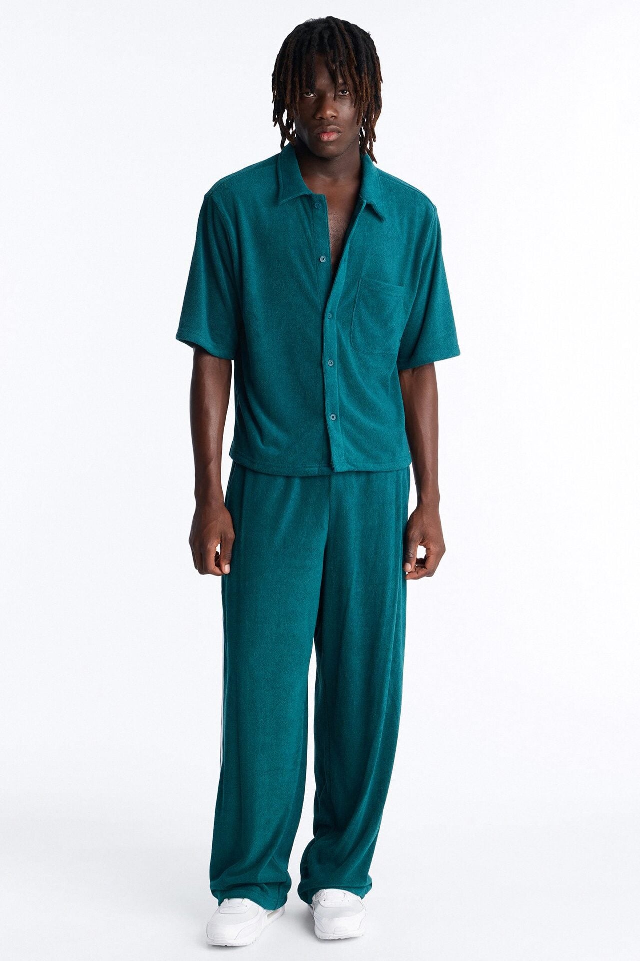 Classic Terry Cloth Button Up Shirt - Teal image 2
