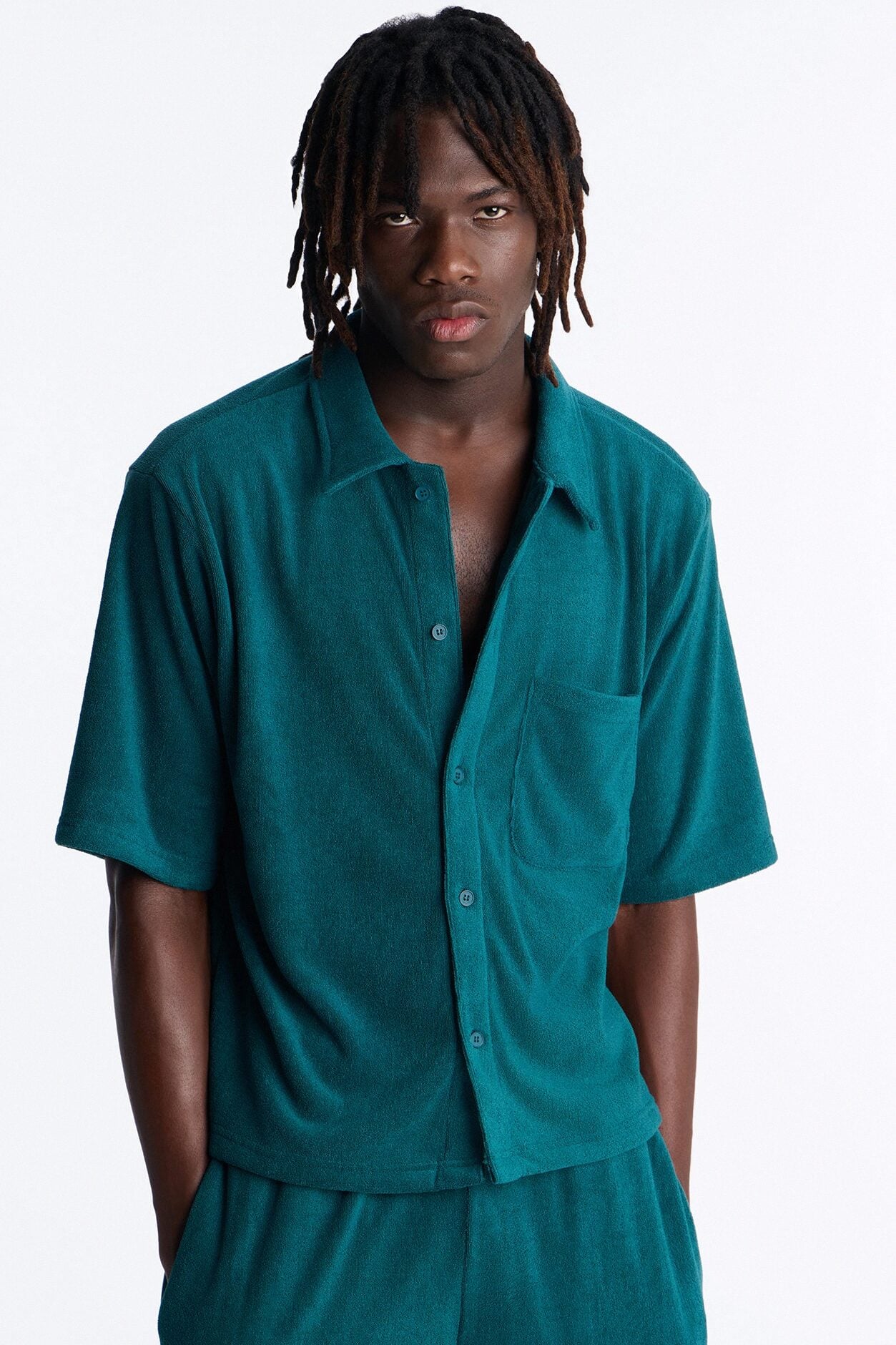 Classic Terry Cloth Button Up Shirt - Teal image 3