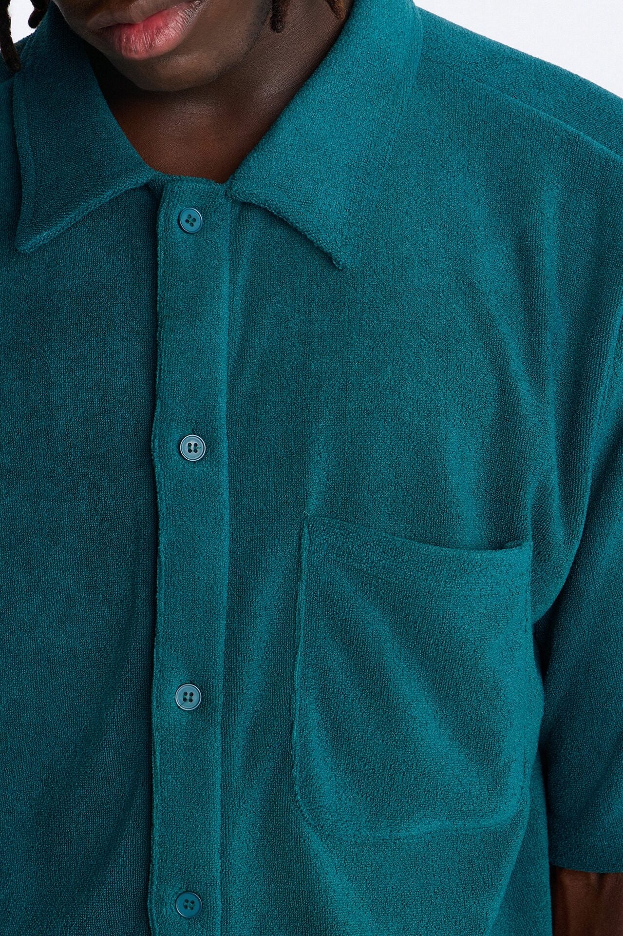 Classic Terry Cloth Button Up Shirt - Teal image 4
