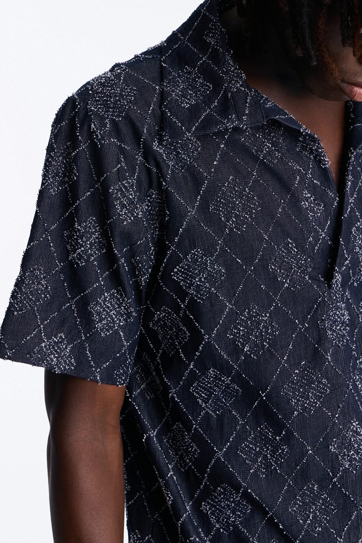 Diamond Frayed Jacquard Polo - Navy image 3