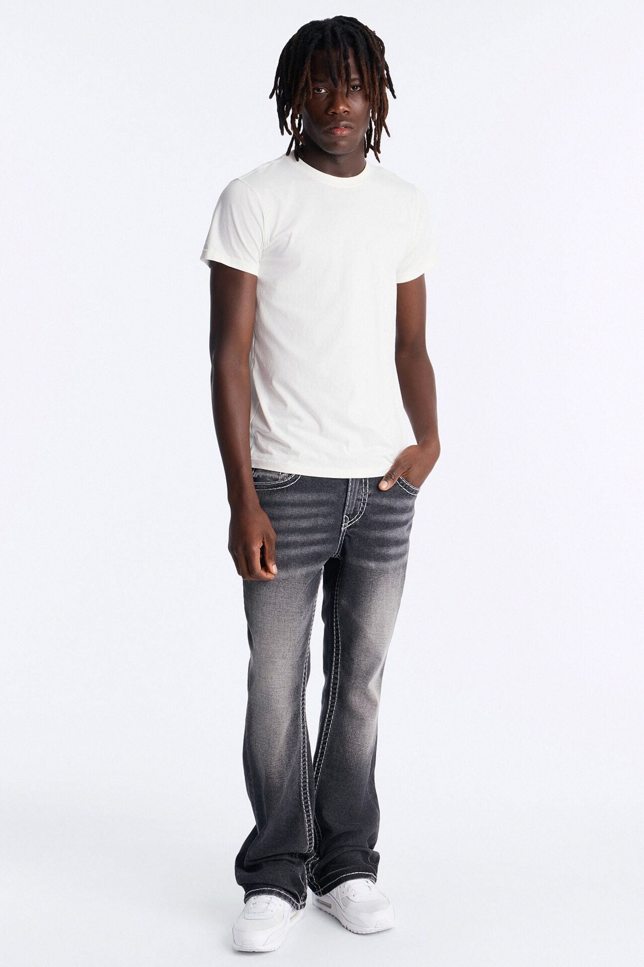 Heavy Stitch Back Flap Stacked Slim Flare Jean - Black Wash image 2