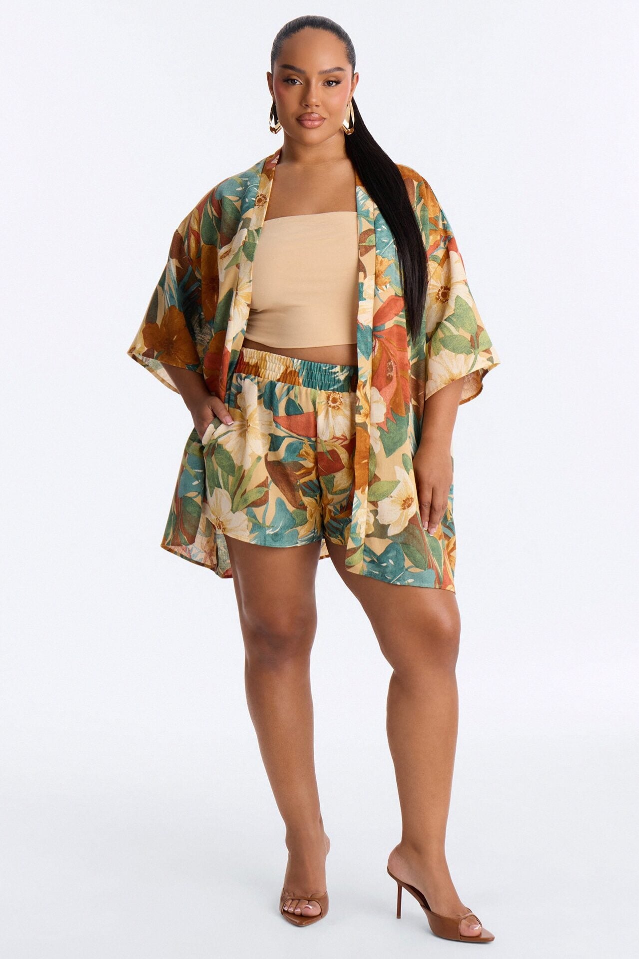 Relax & Renew Floral Linen Short Set - Green/combo image 1