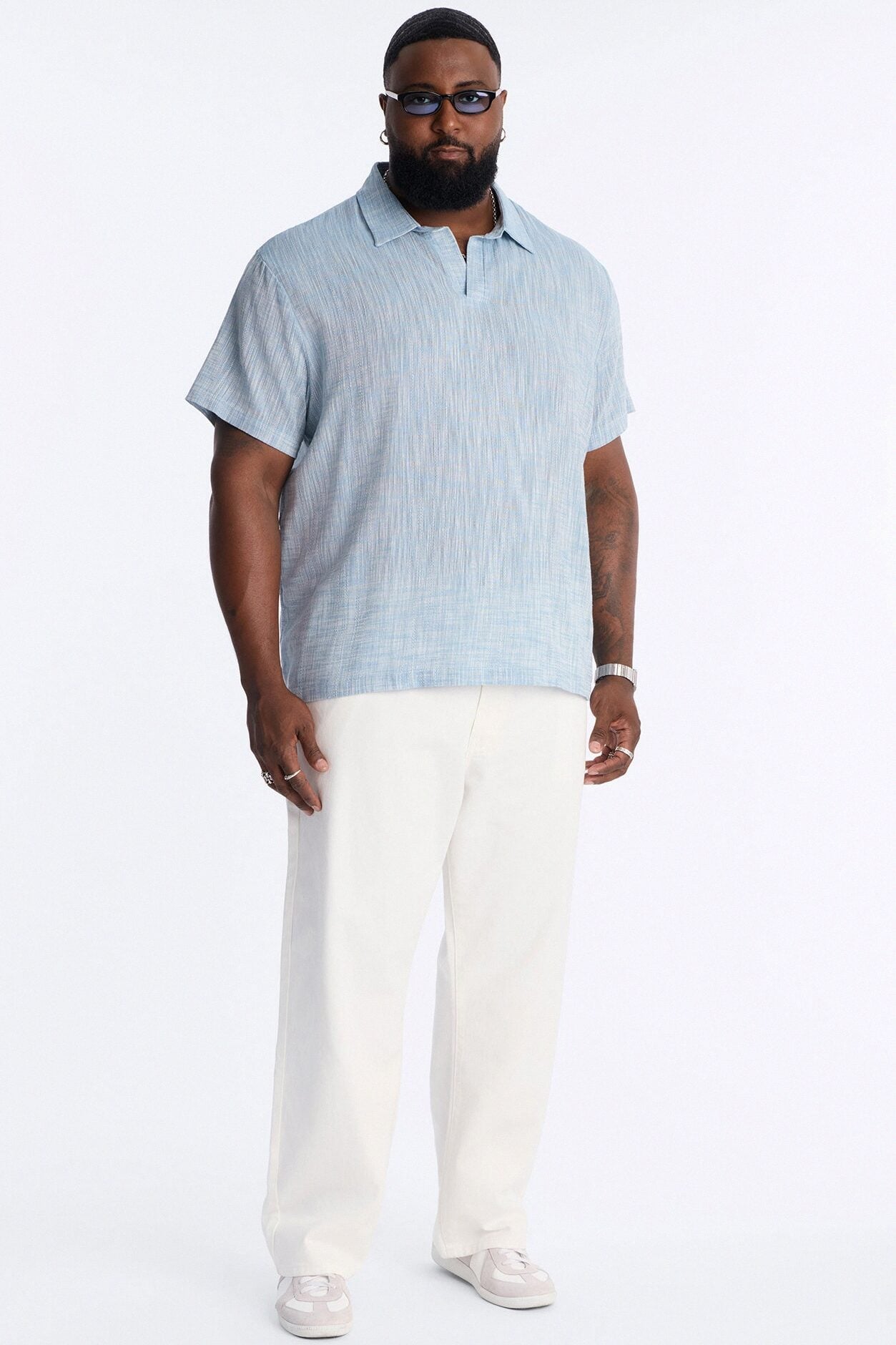 Slub Texture Johnny Collar Polo - Blue image 1
