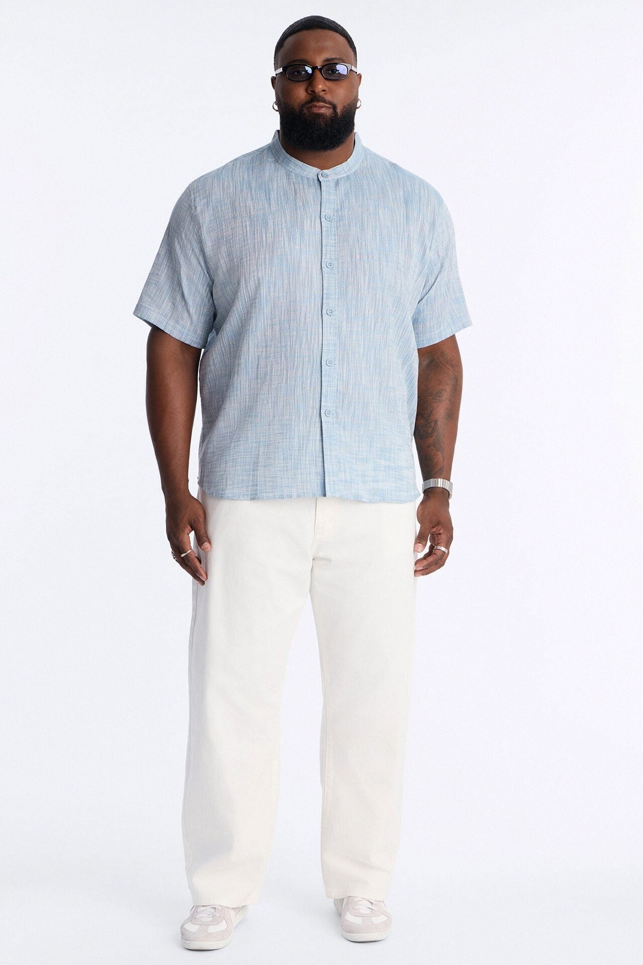 Slub Texture Cuban Collar Button Up Shirt - Blue image 1