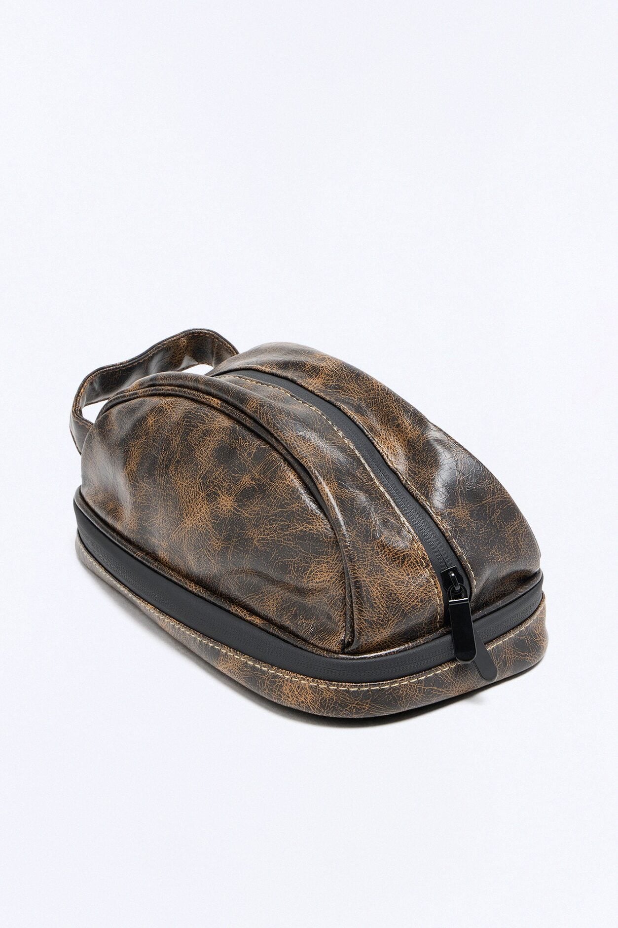 Faux Leather Washed Side Handle Travel Toiletry Bag - Brown image 2