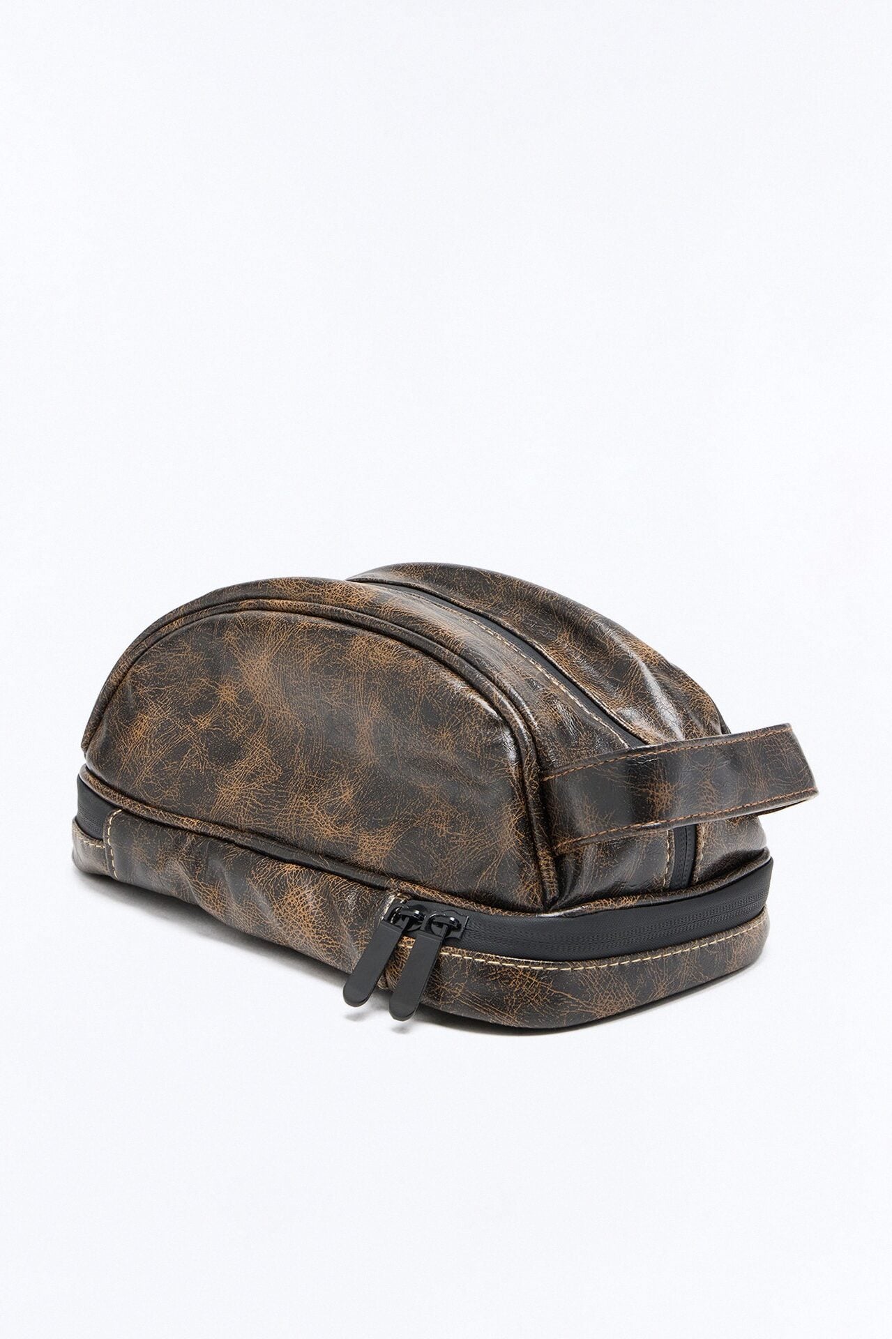 Faux Leather Washed Side Handle Travel Toiletry Bag - Brown image 3