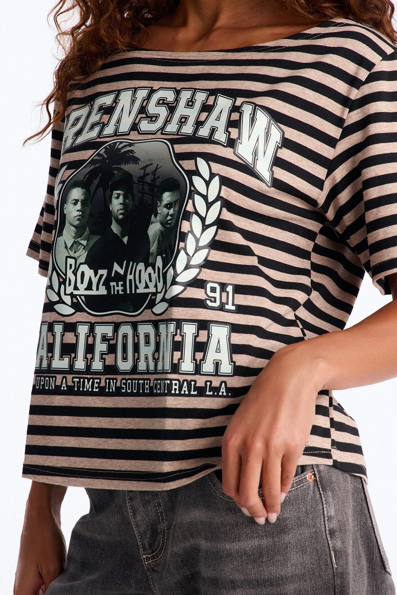 Boyz N The Hood Stripe Off Shoulder Crop Tee - Black image 3