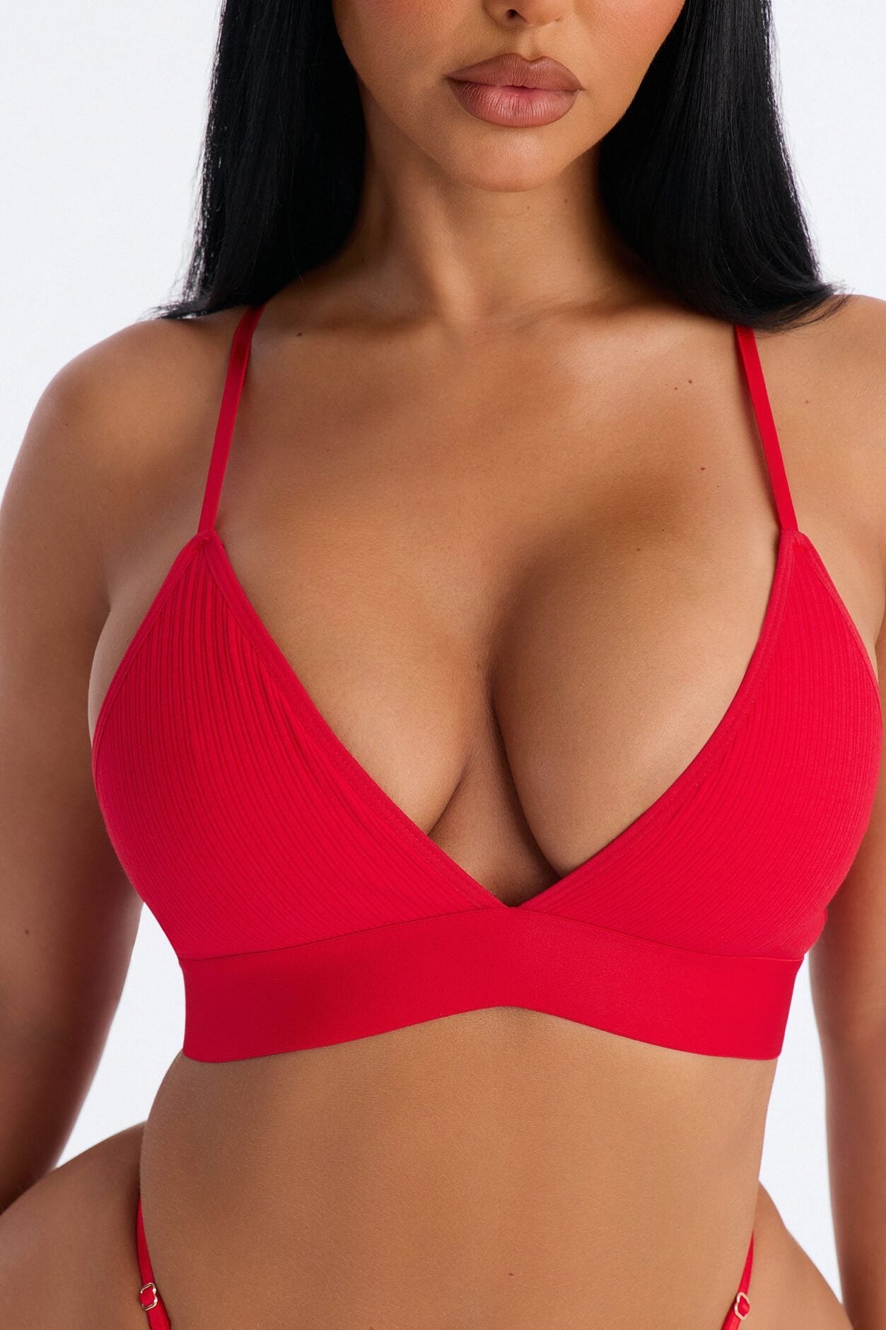 Cotton Ribbed Removable Padded Deep V Bralette - Red image 2