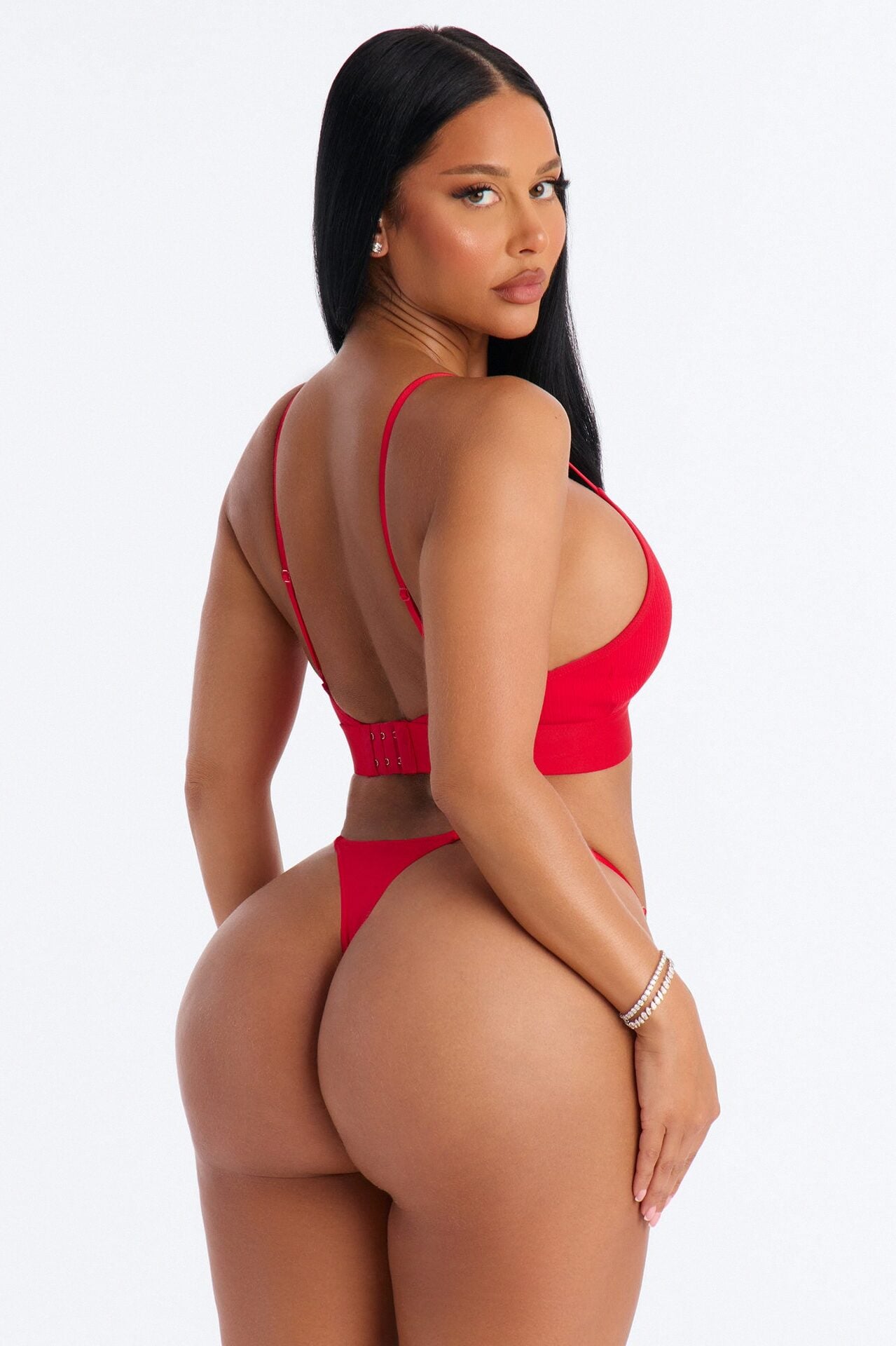 Cotton Ribbed Removable Padded Deep V Bralette - Red image 3