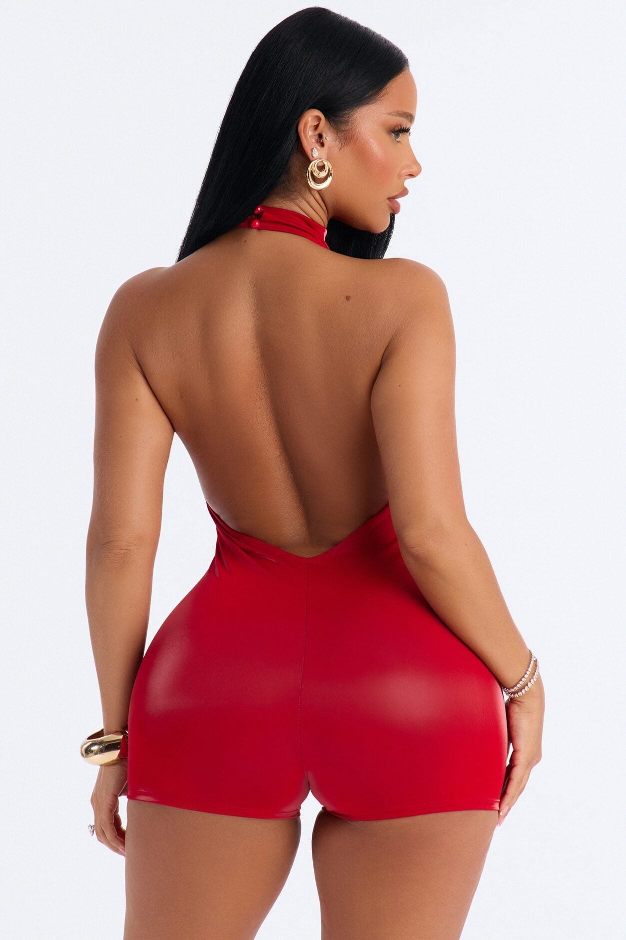 Sleek Seduction Backless Coated Romper - Red image 4