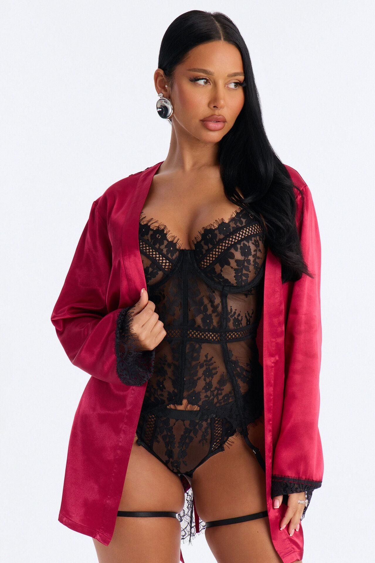 Emerie Satin Lace Trim Robe - DarkRed image 2
