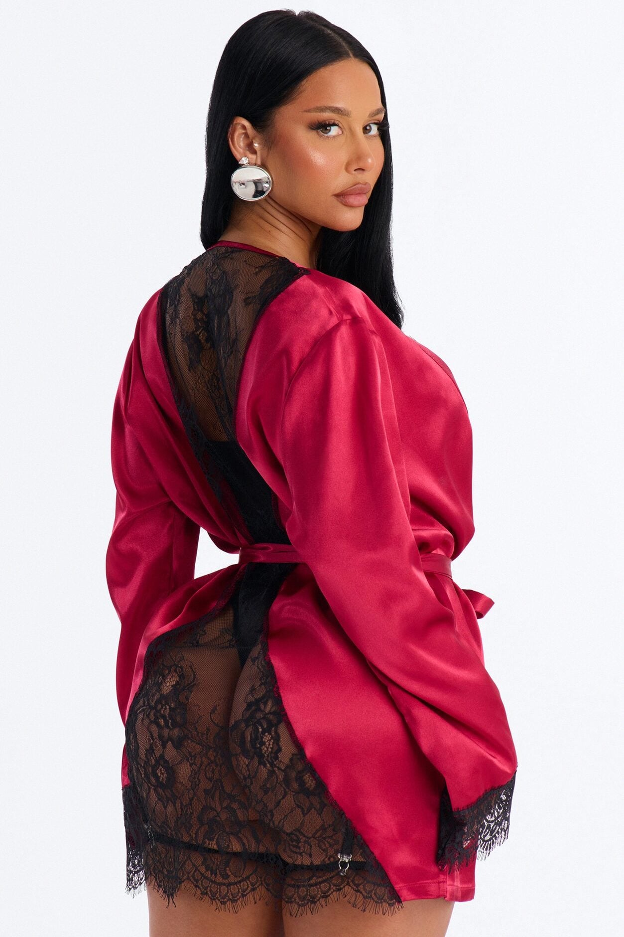 Emerie Satin Lace Trim Robe - DarkRed image 4