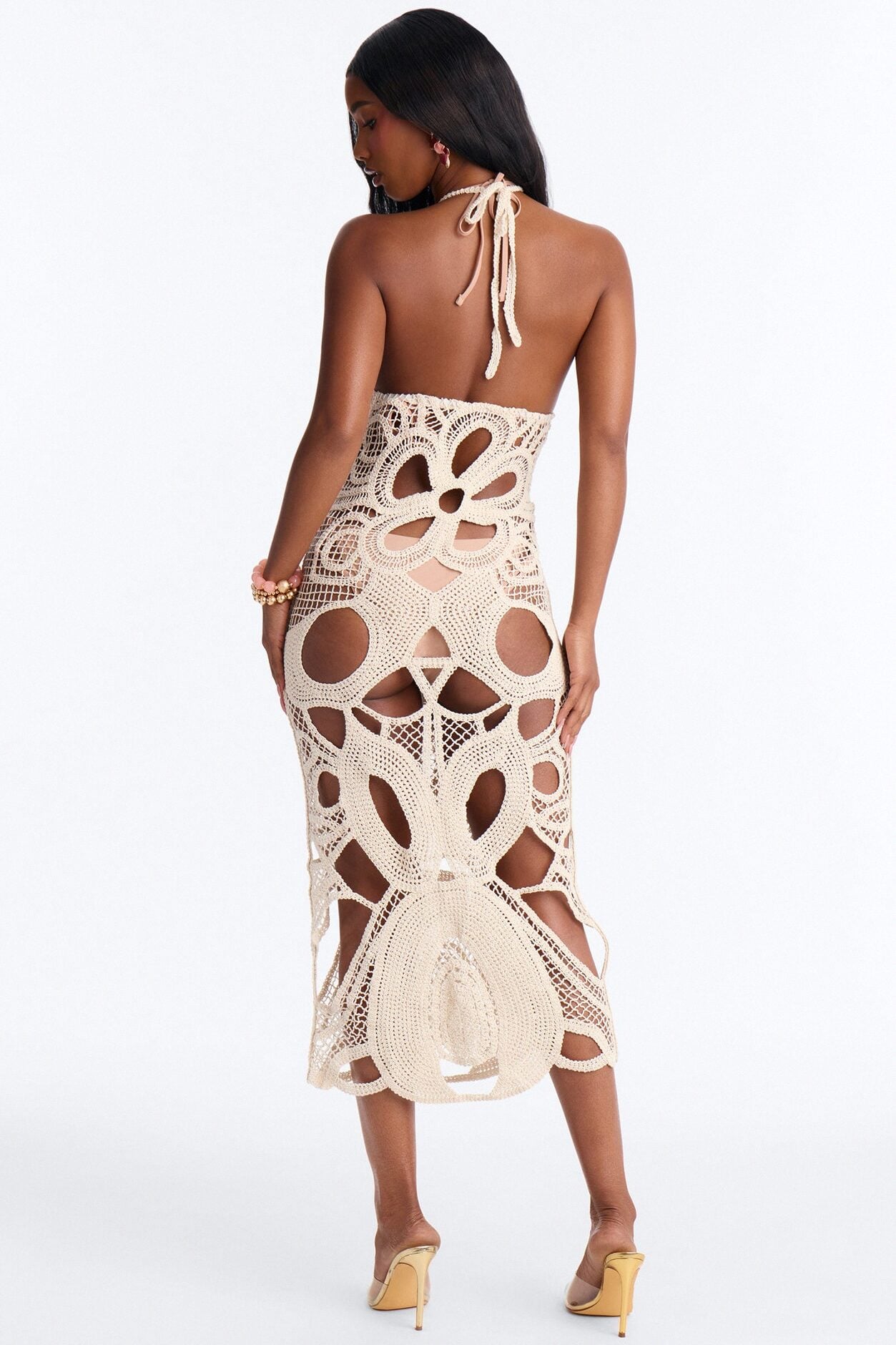 Sand & Sea Crochet Cover Up Halter Maxi Dress - Cream image 4