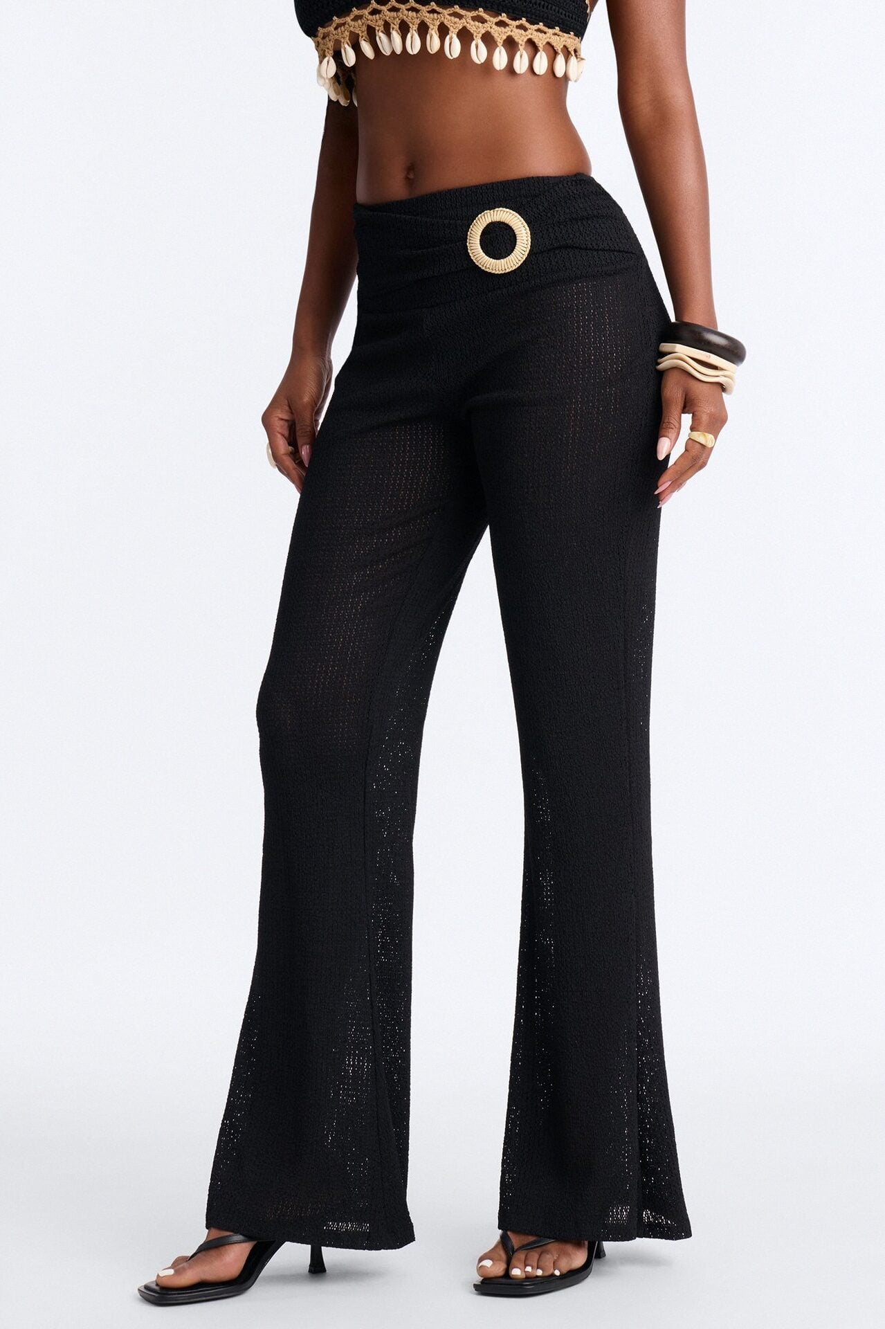 Ocean Breeze Knit Raffia Ring Cover Up Pants - Black image 2