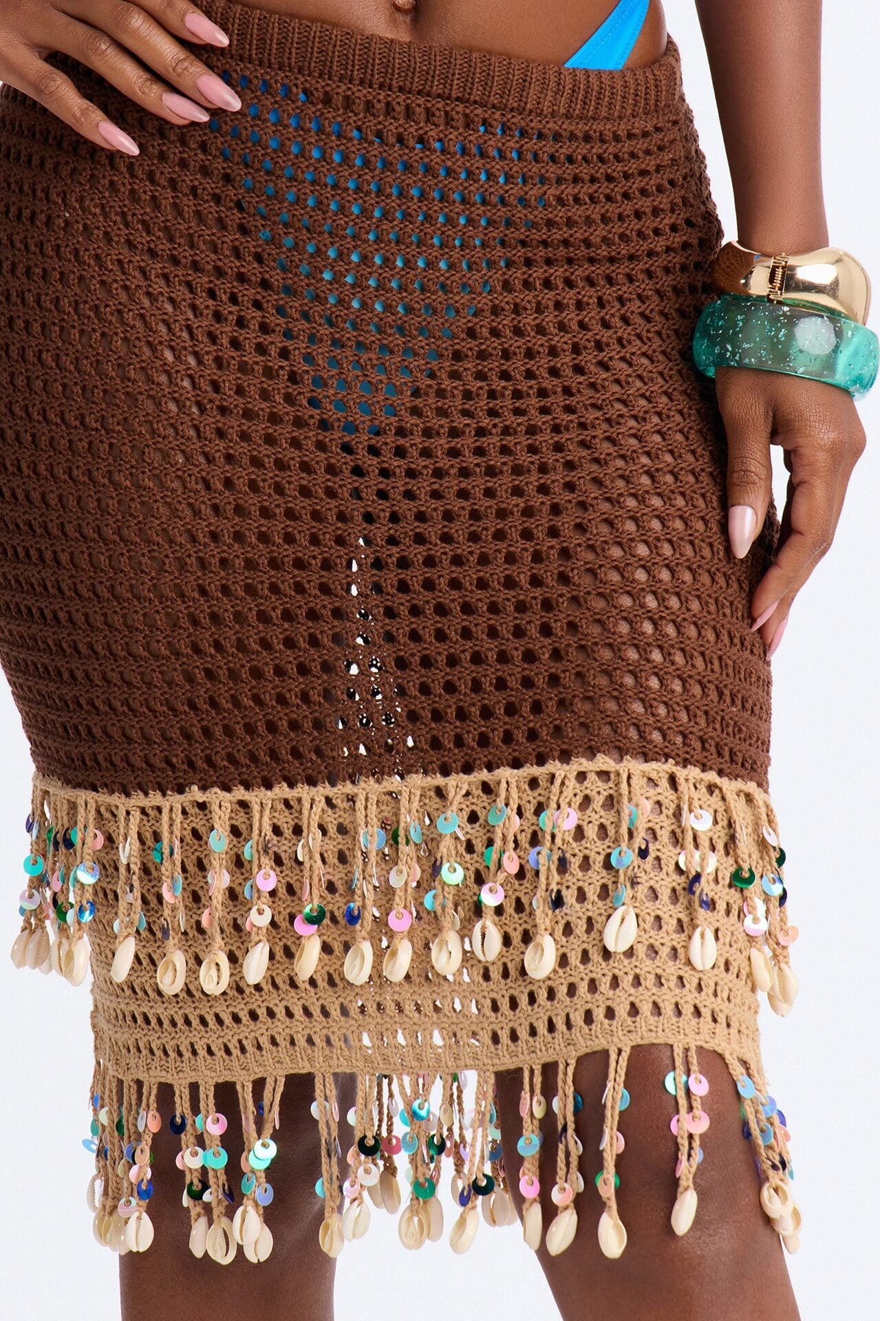 Shauna Crochet Beaded Strapless Cover Up Mini Dress - Brown/combo image 2