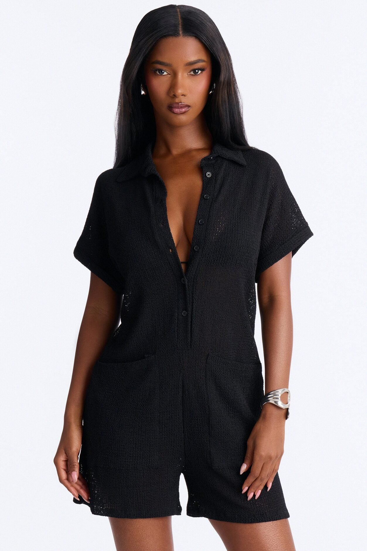 Ocean Breeze Knit Button Up Cover Up Romper - Black image 2