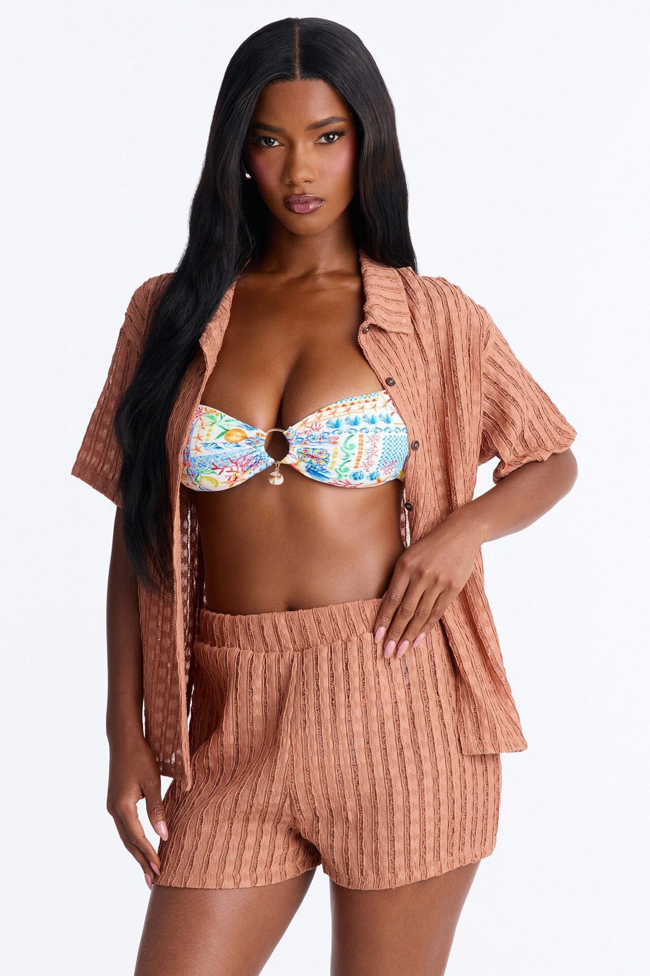 Seaside Vacation Button Up Cover Up Shorts Set - Mocha image 2