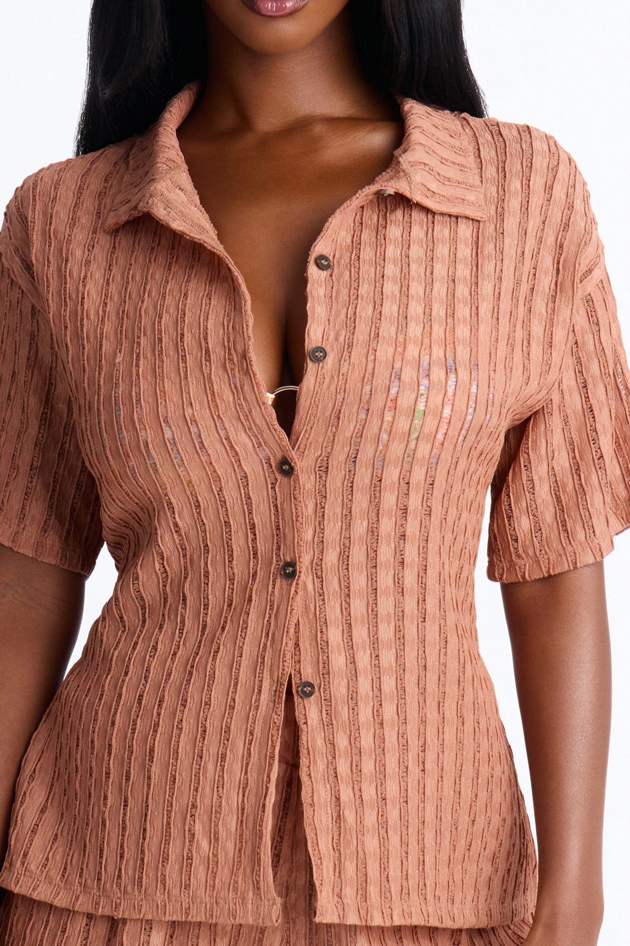 Seaside Vacation Button Up Cover Up Shorts Set - Mocha image 3