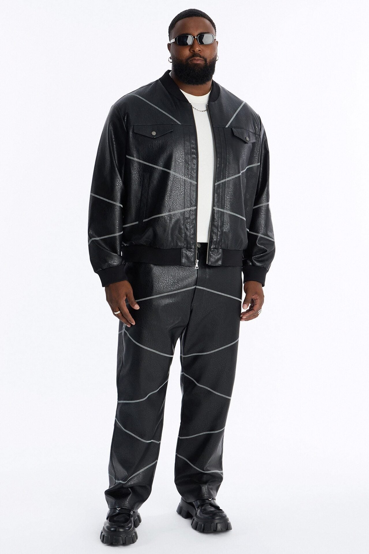 Vintage Chainstitch Faux Leather Bomber Jacket - Black image 6