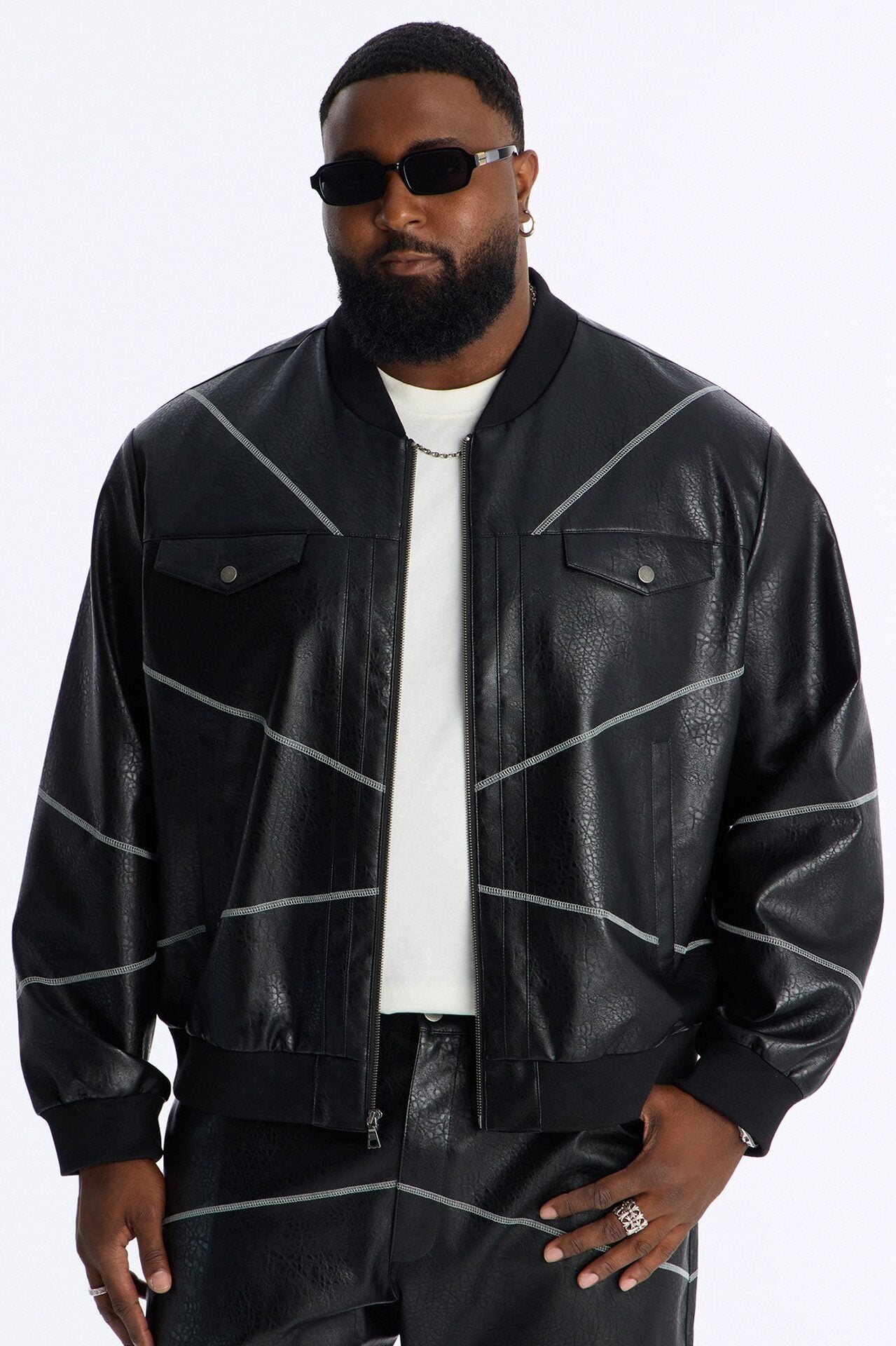 Vintage Chainstitch Faux Leather Bomber Jacket - Black image 5