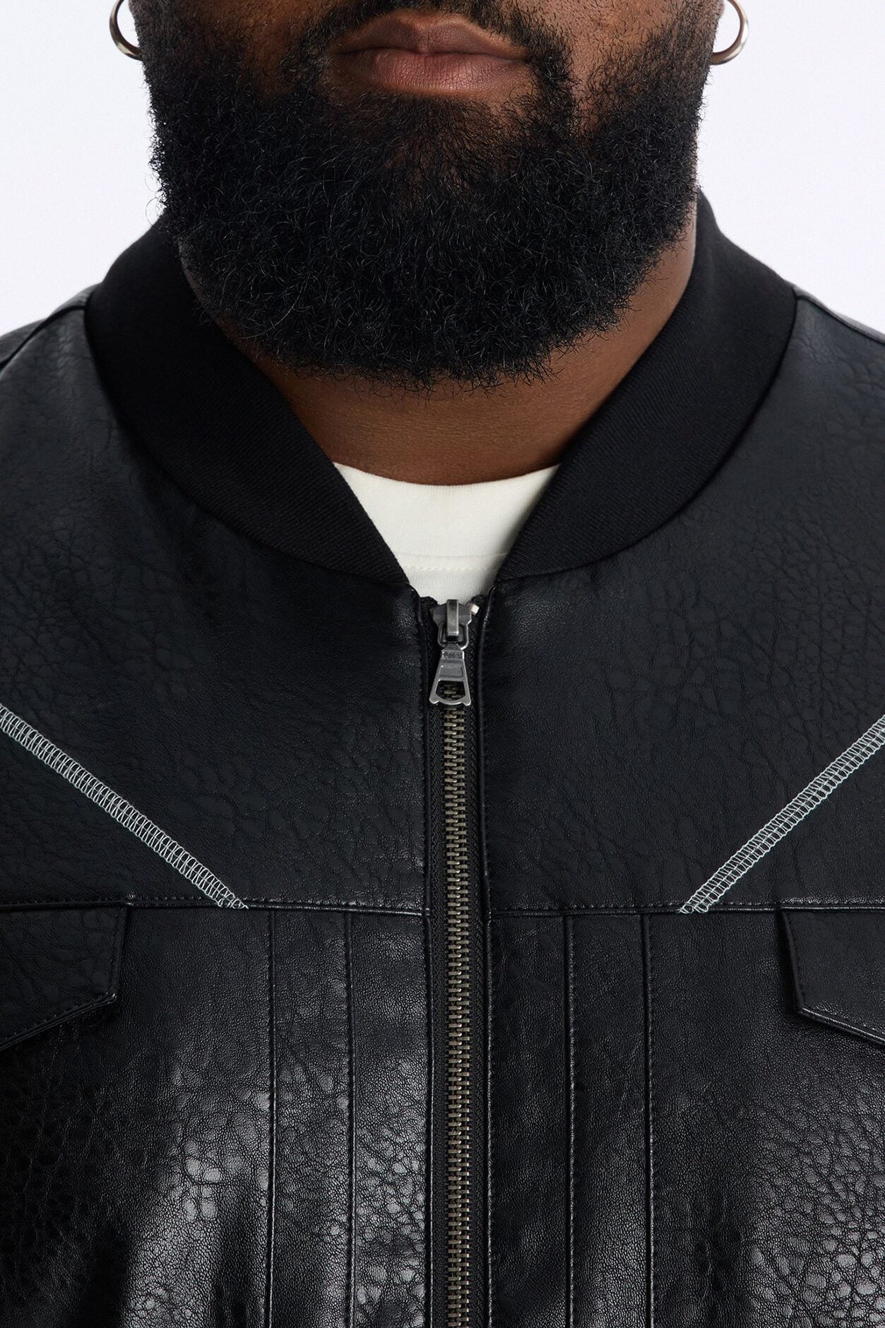 Vintage Chainstitch Faux Leather Bomber Jacket - Black image 7