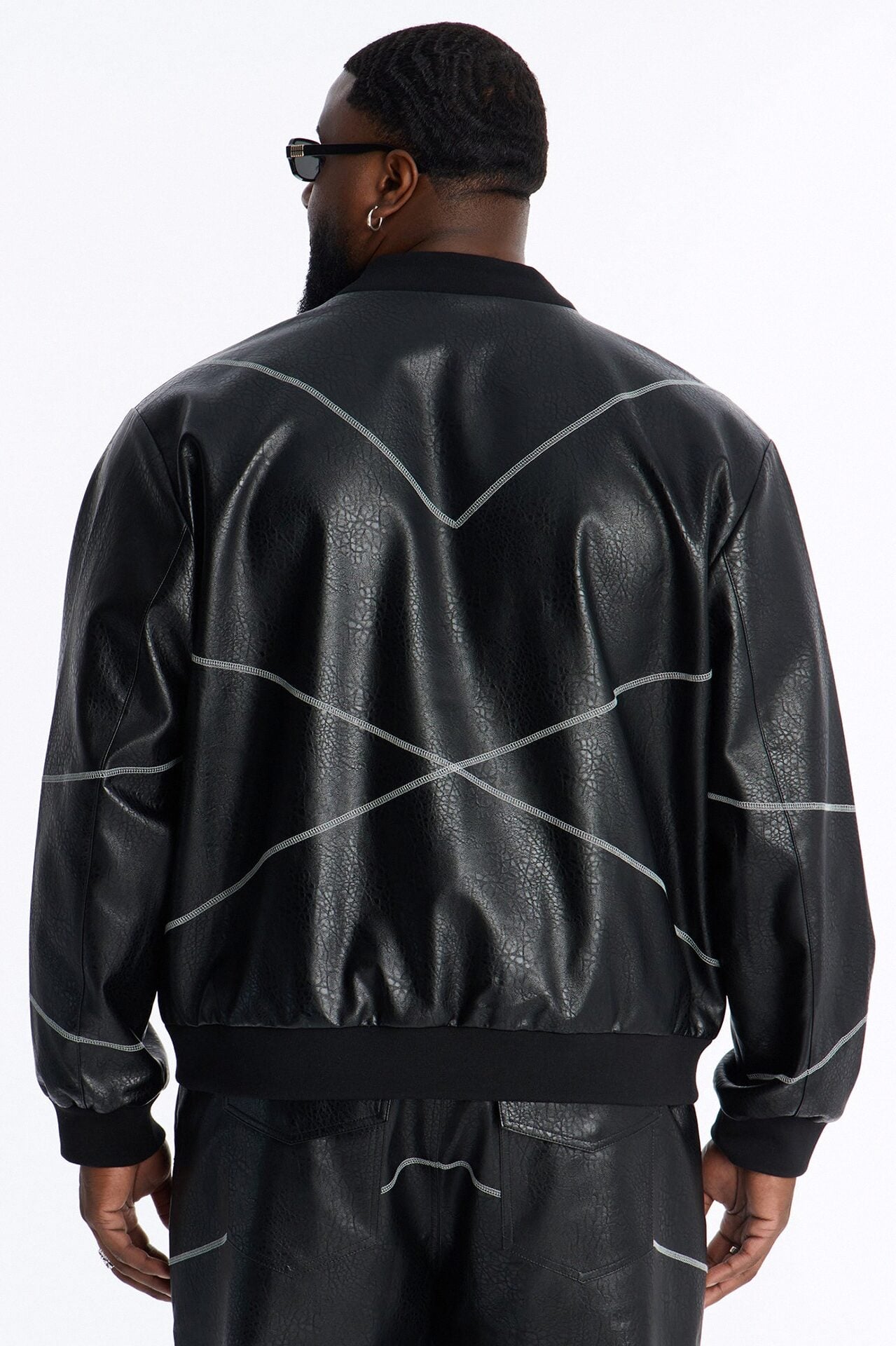 Vintage Chainstitch Faux Leather Bomber Jacket - Black image 8