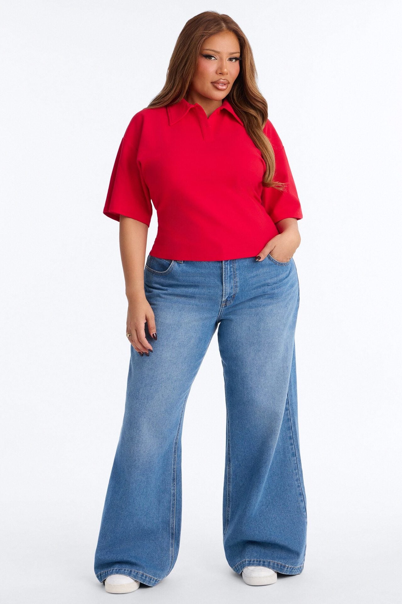Street Serve Cinched Short Sleeve Polo Top - Red image 1
