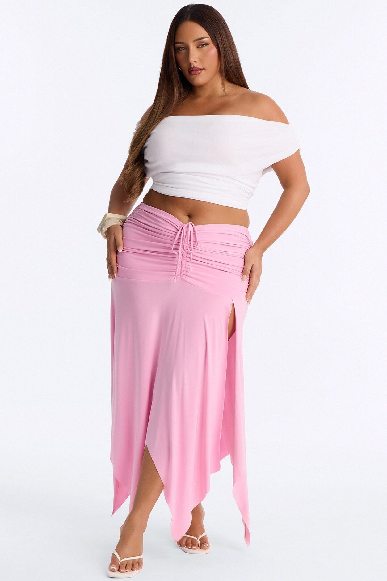 Miranda Low Rise Ruched Flowy Midi Skirt - Pink image 1
