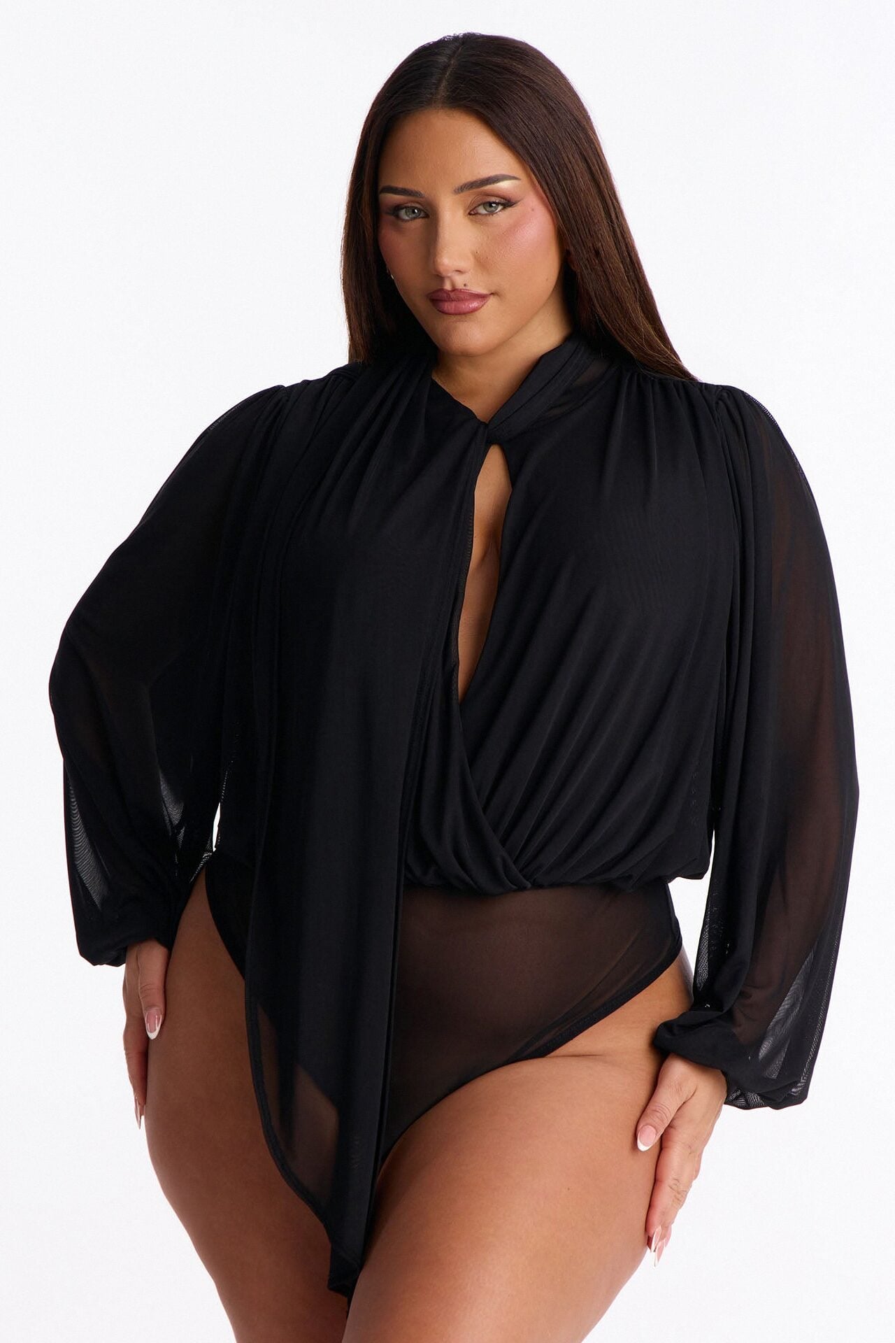 Melinna Mesh Scarf Long Sleeve Bodysuit - Black image 1