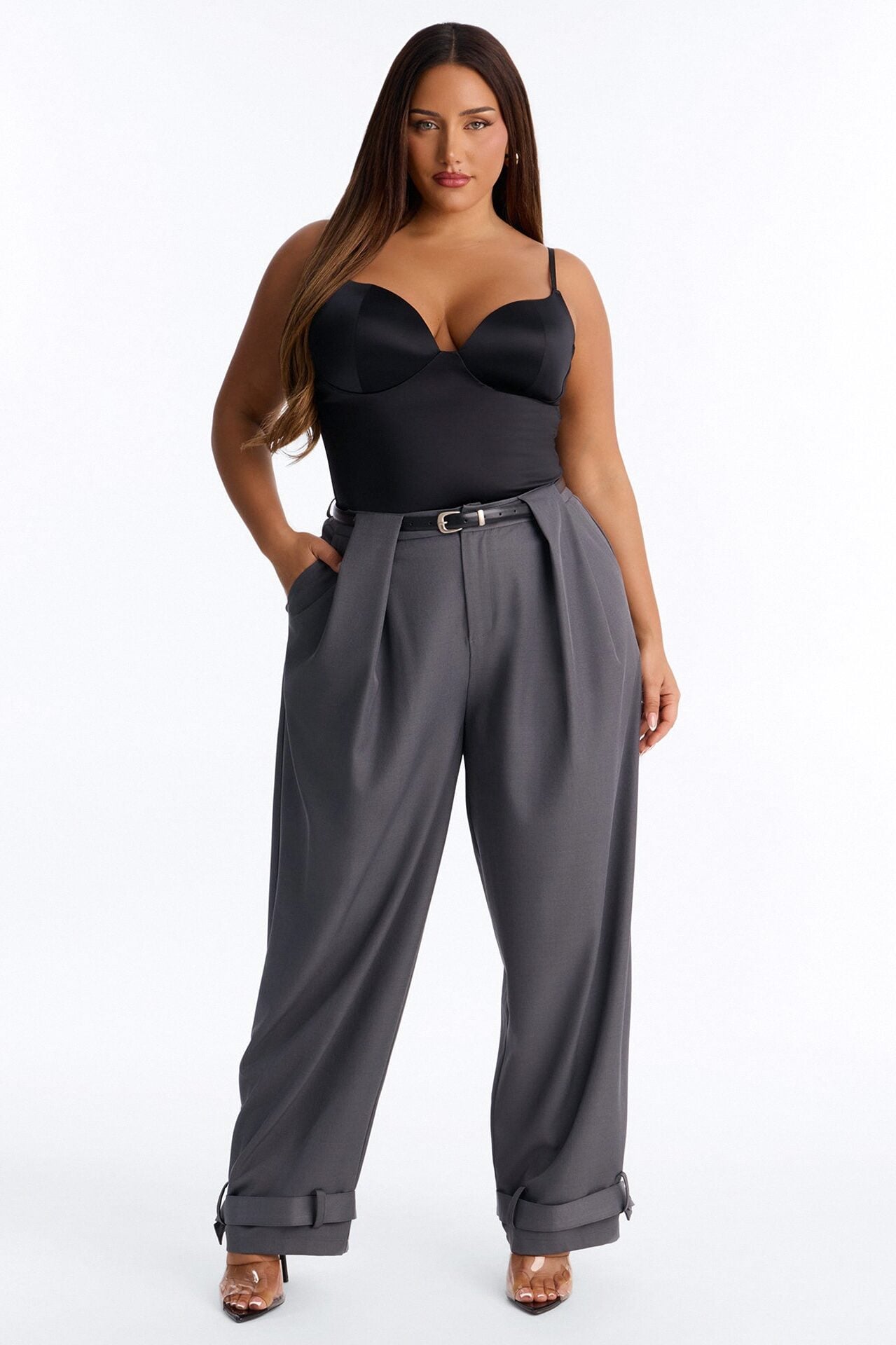 Anjelica Cuffed Wide Leg Belted Trouser - Charcoal image 1