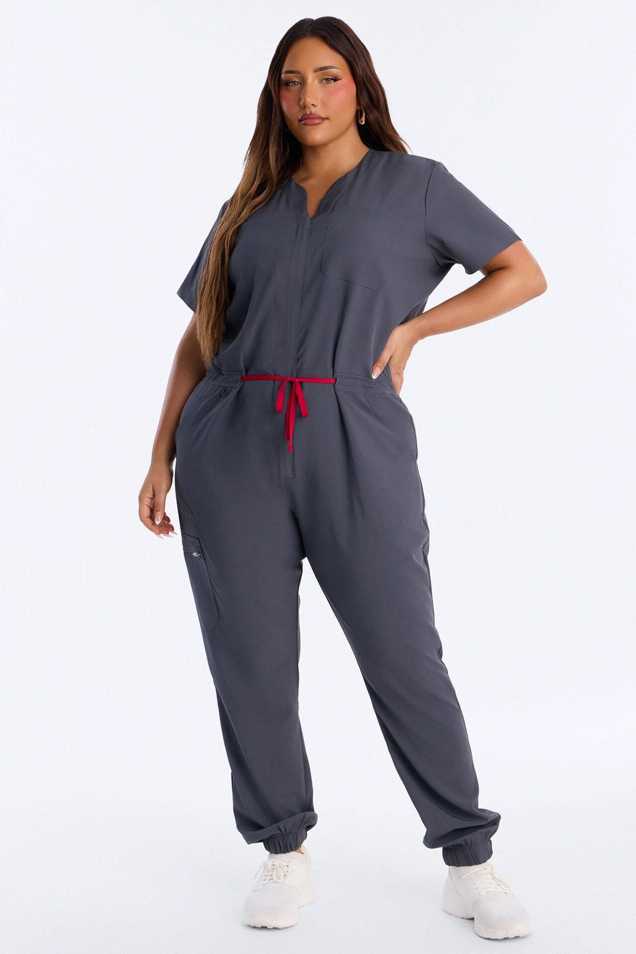 Prime Care Belted Uniform Scrub Jumpsuit - Charcoal image 1