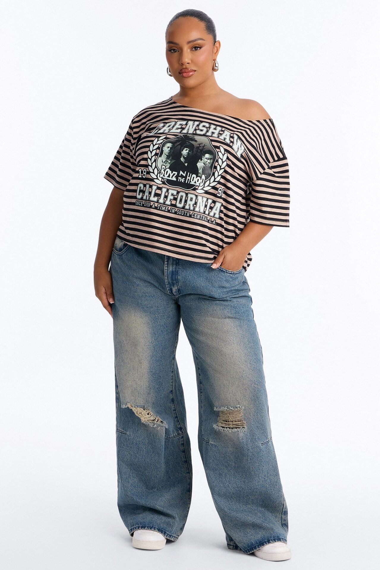 Boyz N The Hood Stripe Off Shoulder Crop Tee - Black image 6