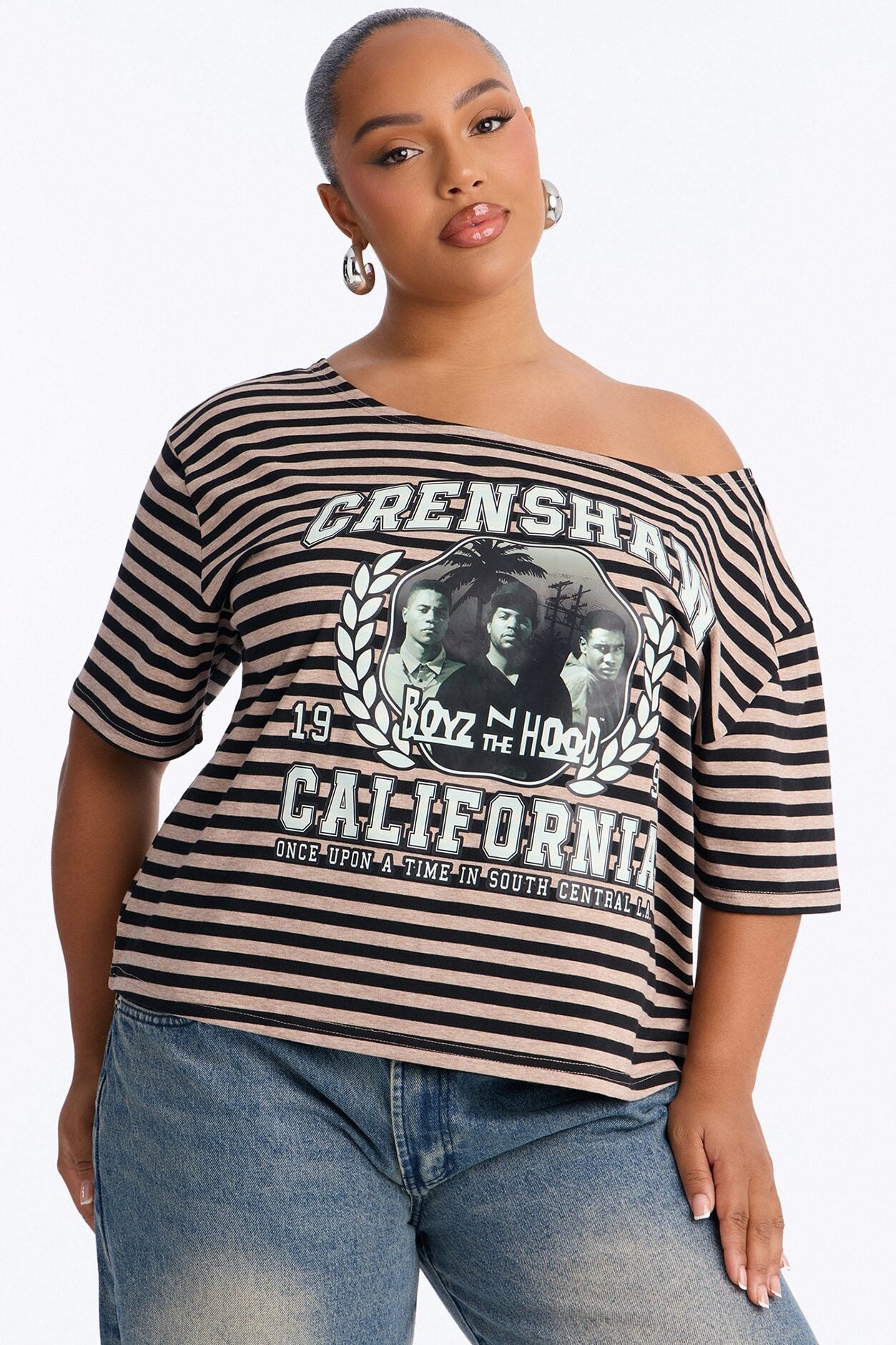 Boyz N The Hood Stripe Off Shoulder Crop Tee - Black image 5
