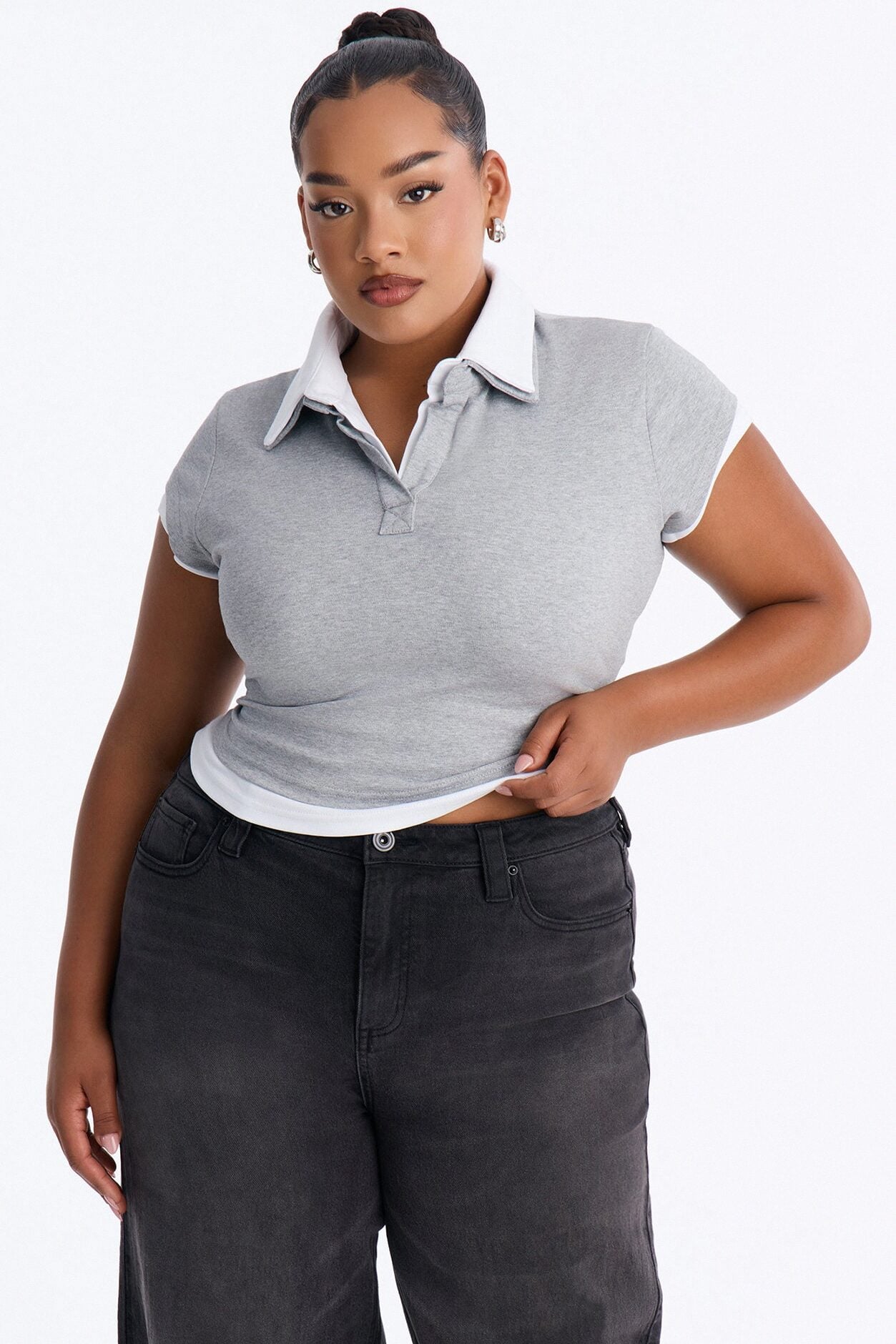 Haley Layered Short Sleeve Polo Top - Grey/combo image 6