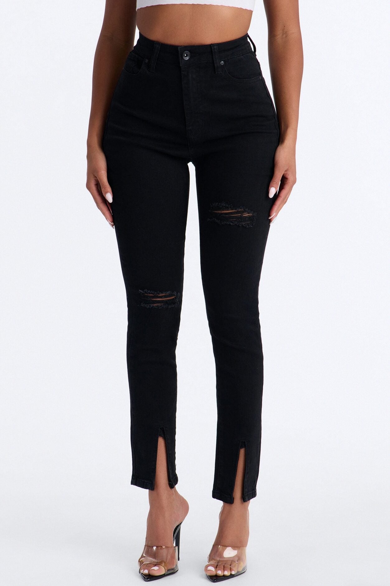 Maybe One Day Ripped Split Hem Skinny Jeans - Black image 2