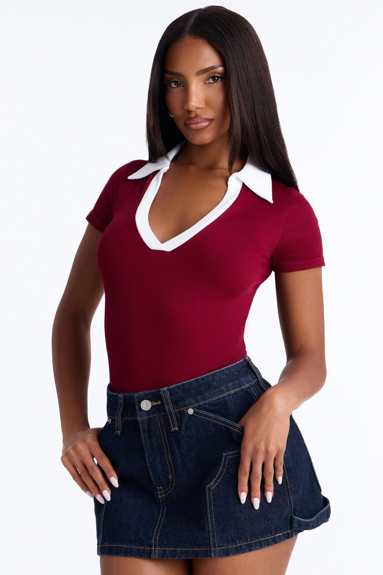 Shani Ribbed Collared Short Sleeve Bodysuit - Wine/combo image 3