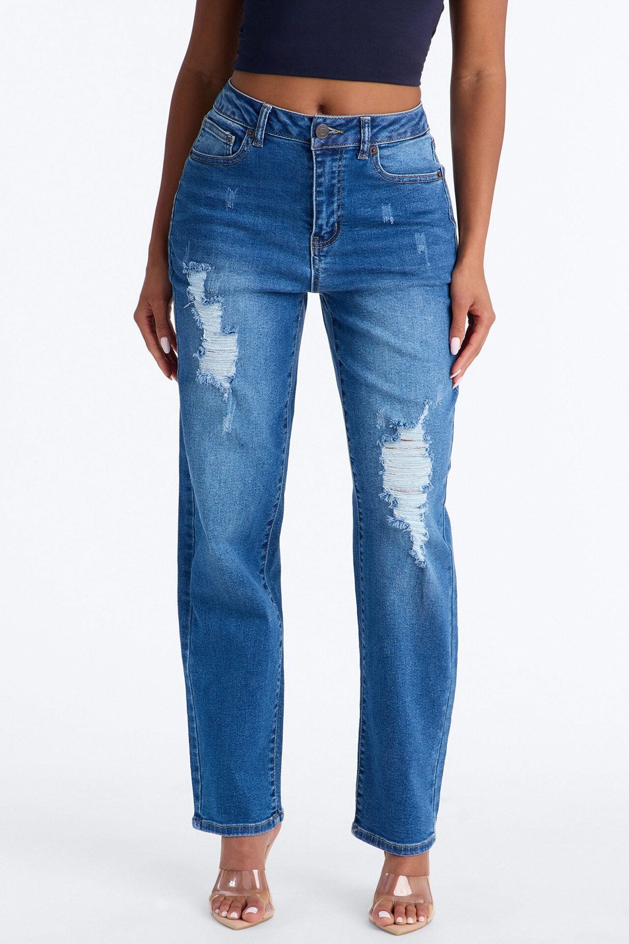 Skye Stretch Ripped Straight Leg Jeans - Medium Wash image 2