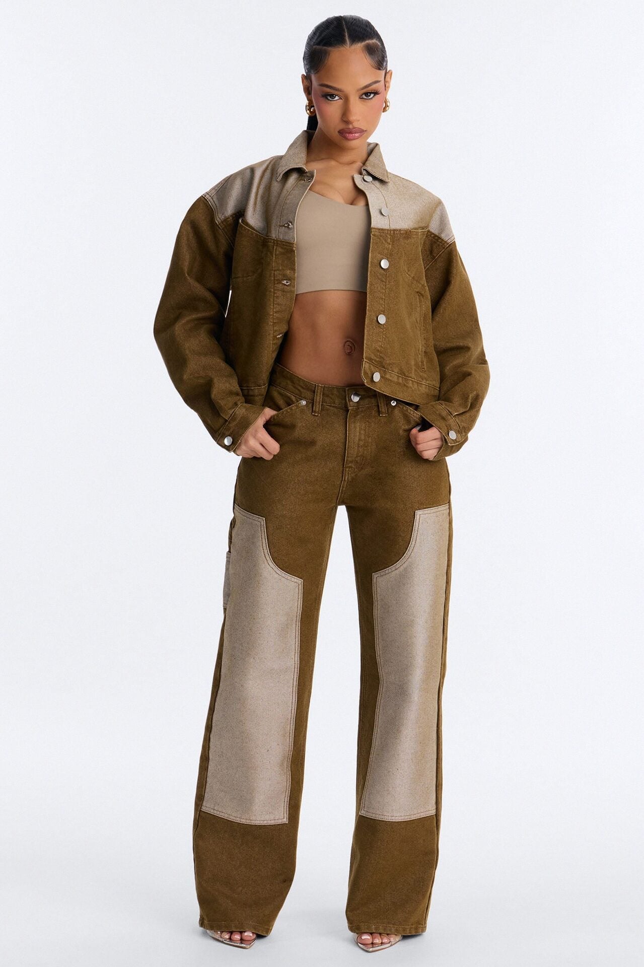 The Cold Shoulder Shiny Denim Jeans - Brown image 2