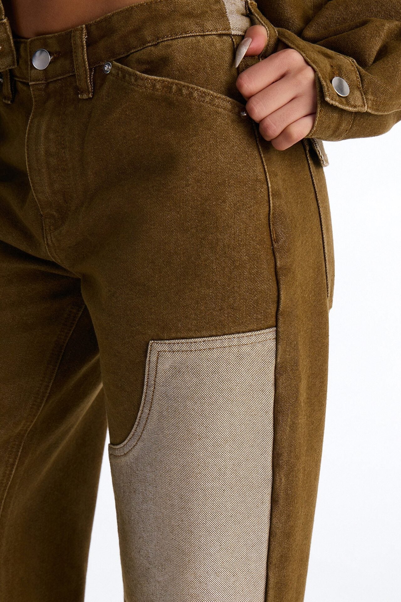 The Cold Shoulder Shiny Denim Jeans - Brown image 3