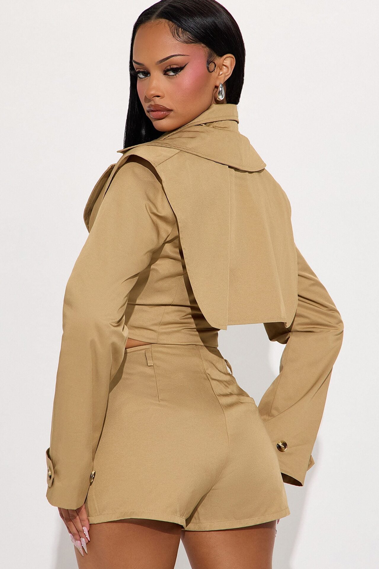 On A Ride Trench Jacket And Short Set - Khaki image 3