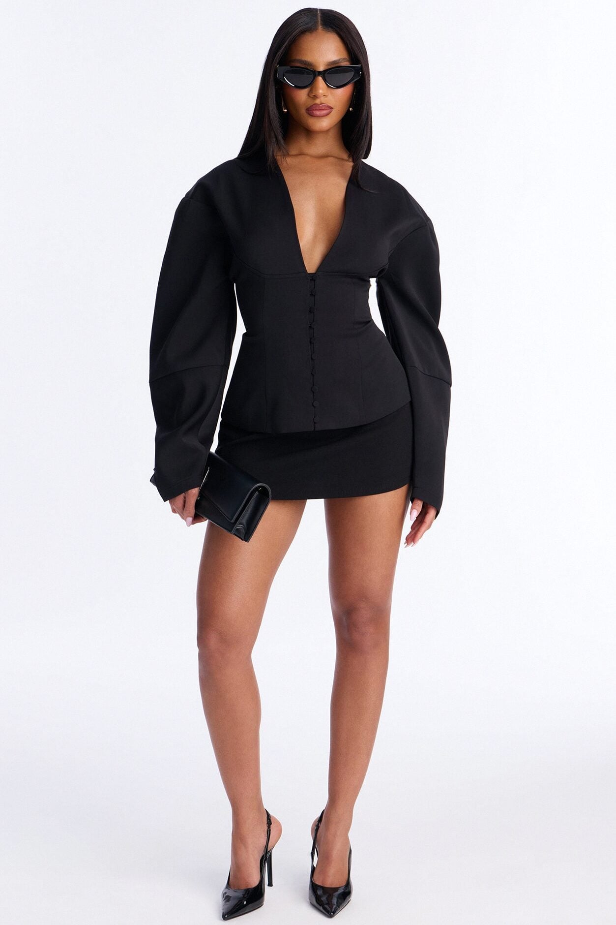 Off Duty Boss Puff Sleeve Button Front Blouse - Black image 2